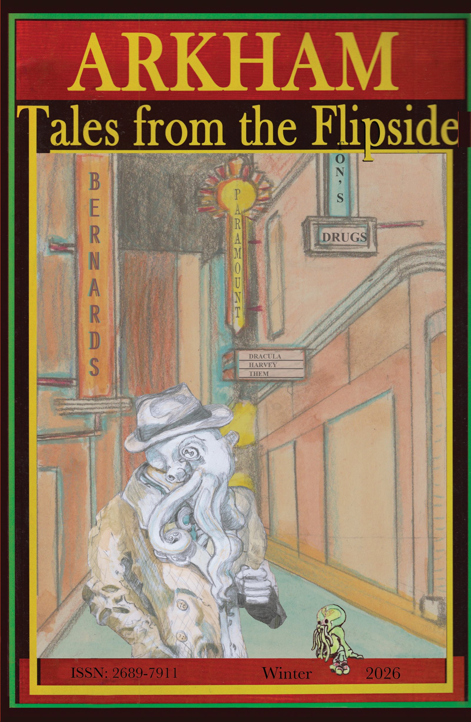 Winter 2026 Cover with sa squid PI in a trenchcoat and fedora walking on Essex Street in Salem in the 1940s.
