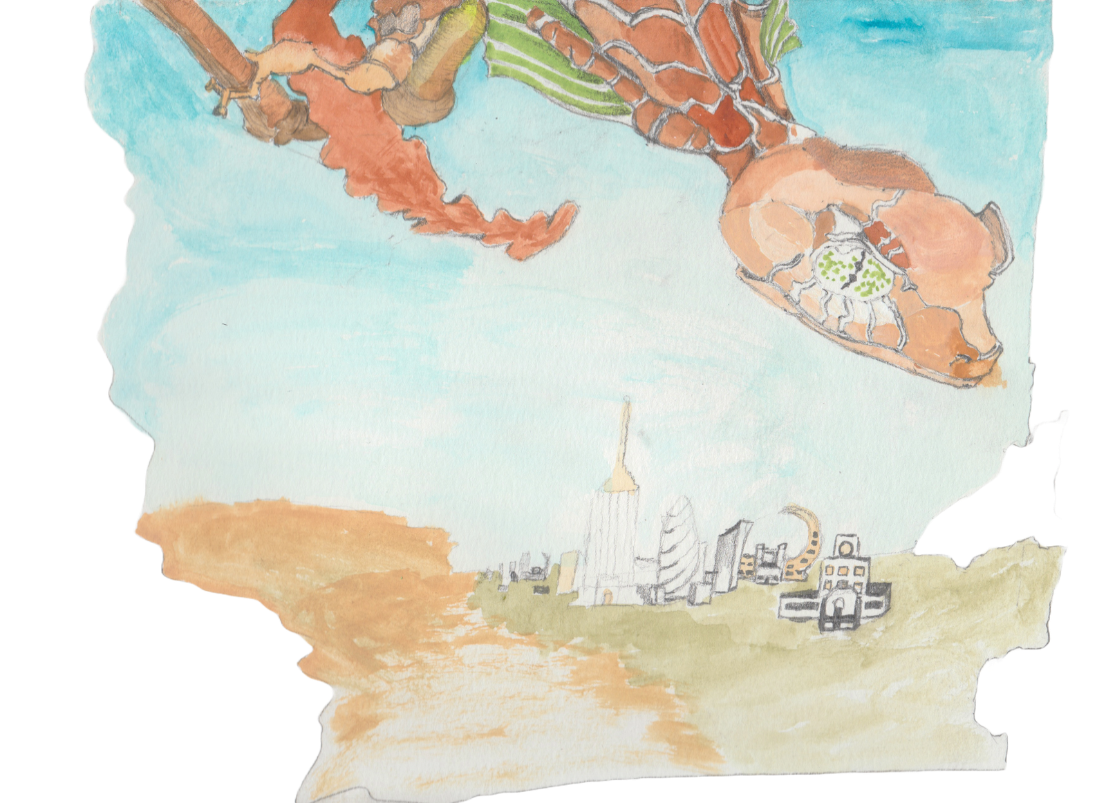 Gliding Leaf Dragon hang on a branch above a forgotten lost city from tens of thousands of years ago.