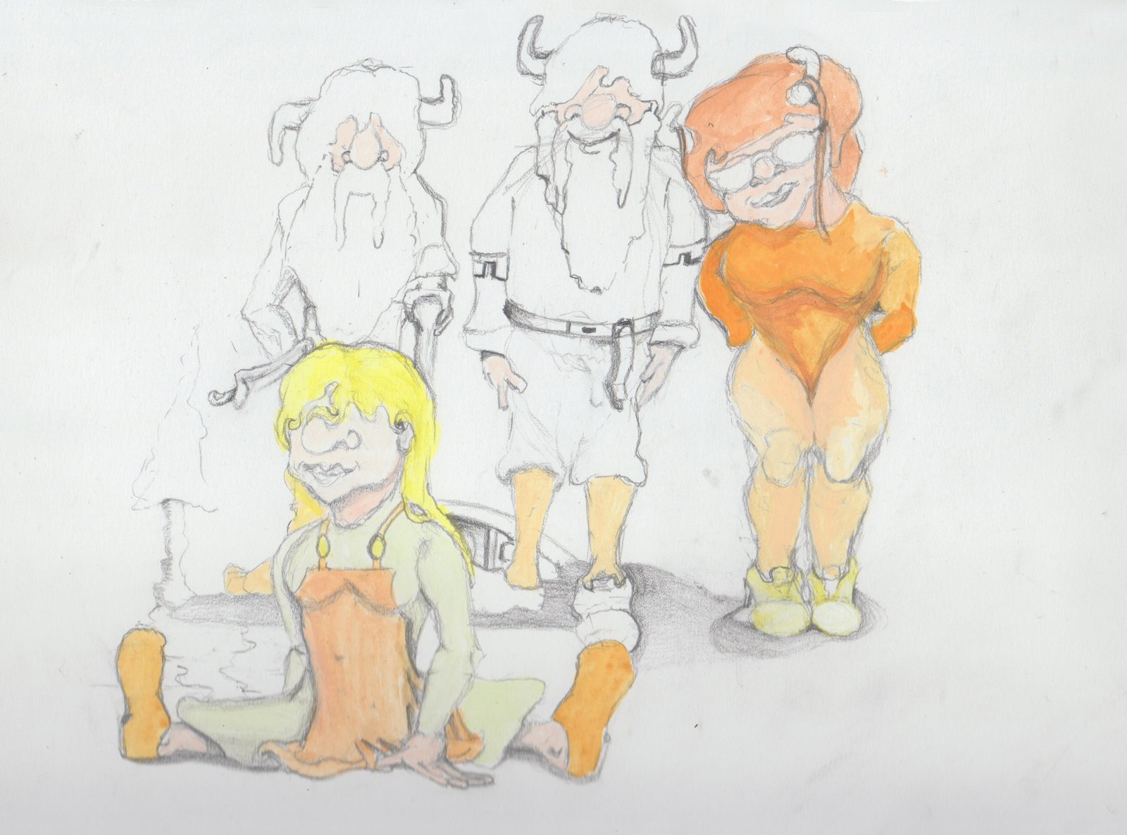 The Nattroll family in the Thousand Acre Woods. The family from left to right: Gramps the oldest with his long beard and drooping horns pointing up and down, Bjorn the father with his upright horns, long beard and hair covering his eyes dressed in his usual blue short sleeved tunic, Angrboda with her red hair and braids drooping over her horns who is short, stout, and cute wearing her orange singlet and peach colored stockings, with her mother Helgi below them in a split wearing a tradition Viking dress without horns since she is half god and Nattroll. Low in the distance is their cottage built into a hill.