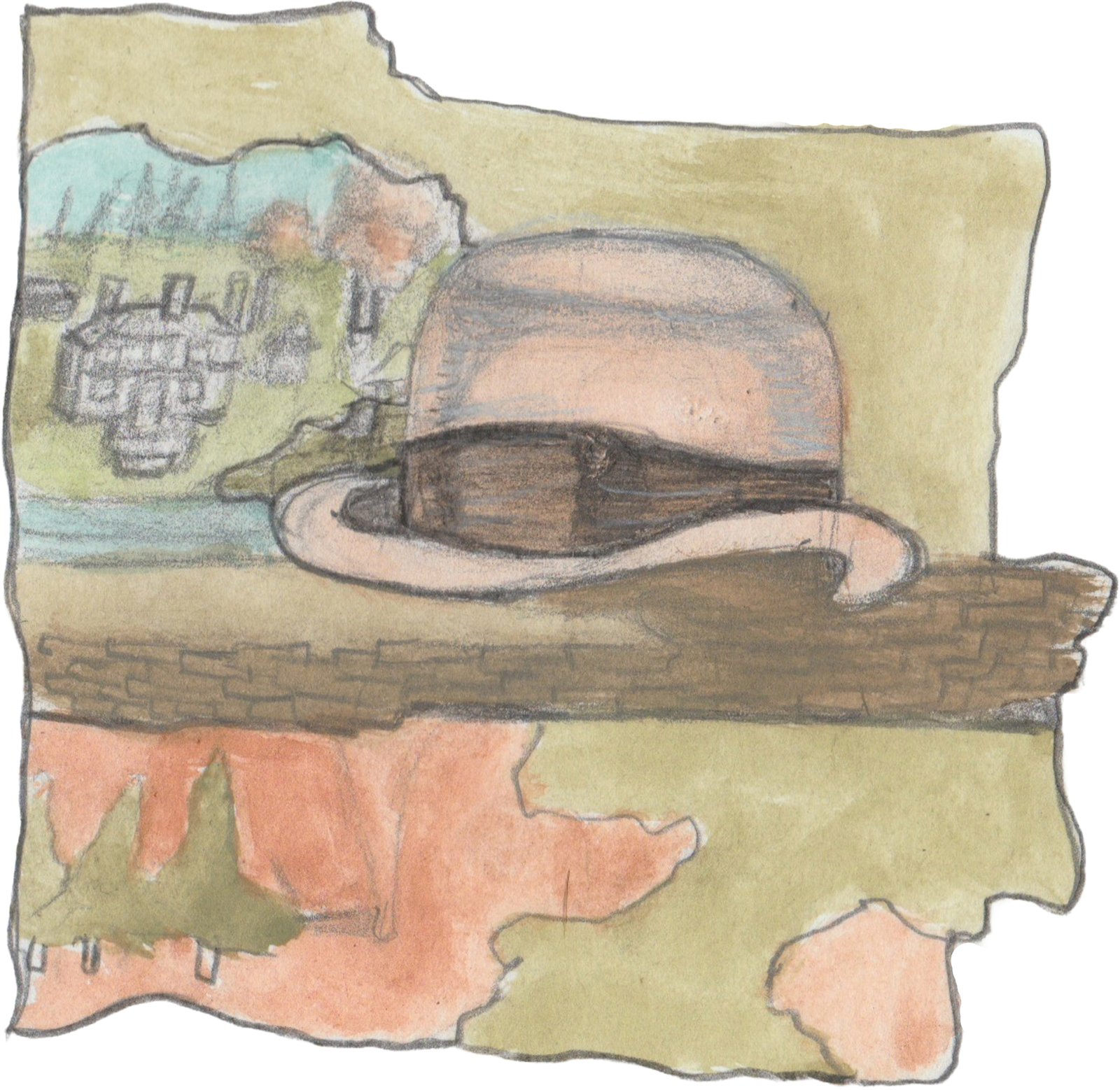 A bowler hat on a tree branch with a view of a house through the pine needles below.