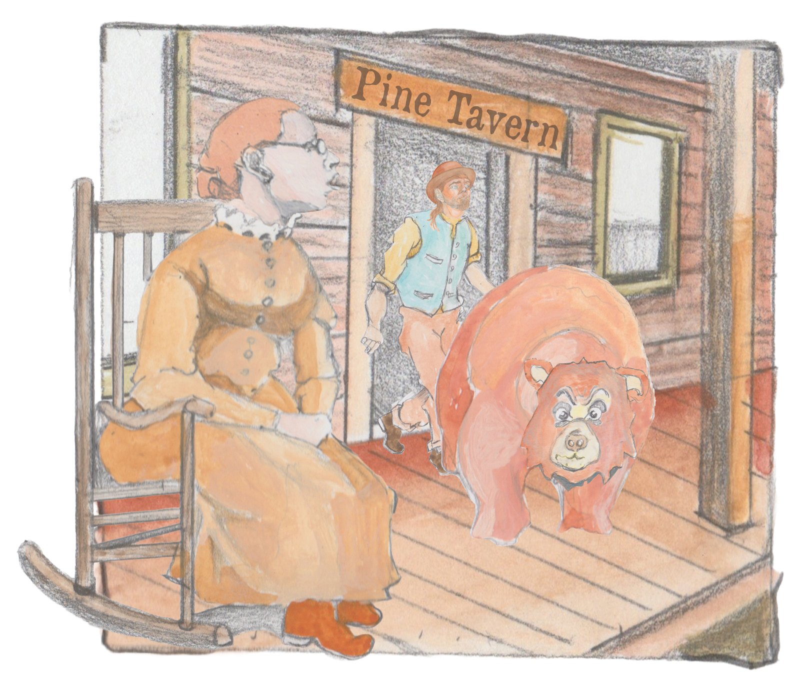 Peggy Clevenger sitting in her rocking chair on the porch of her tavern as Hulton is walking out to meet Bosco..