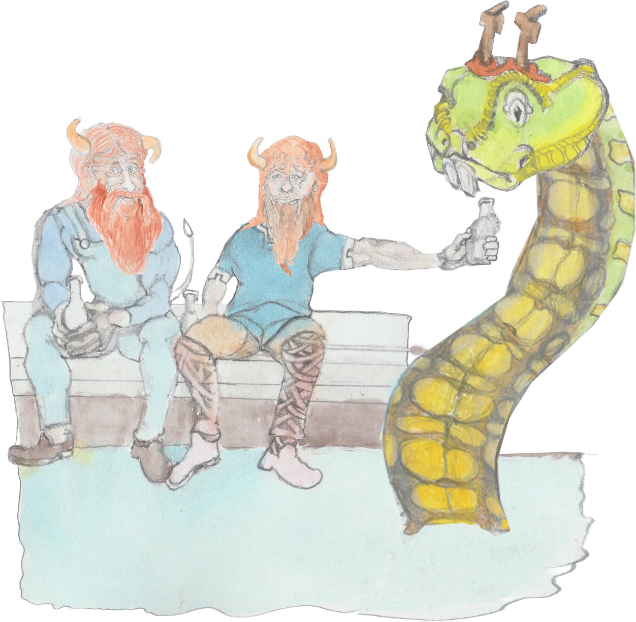Gramps and Bjorn sitting on bridge at Duckspond and Bjorn holding out a bottle of root beer for the Great Horned Serpent to open with his buck teeth.