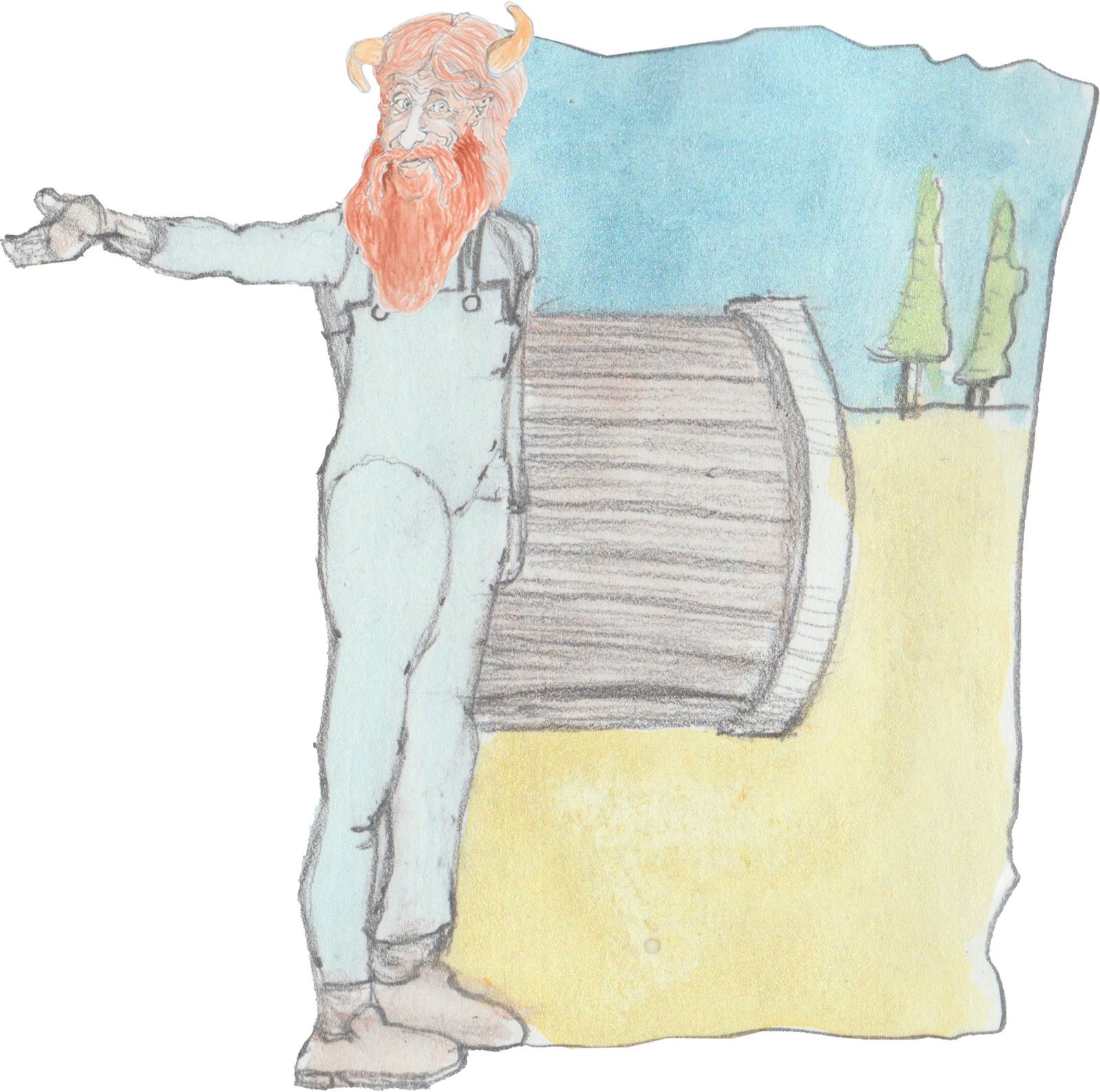 Gramps holding out his hand next to a large keg of root beer.