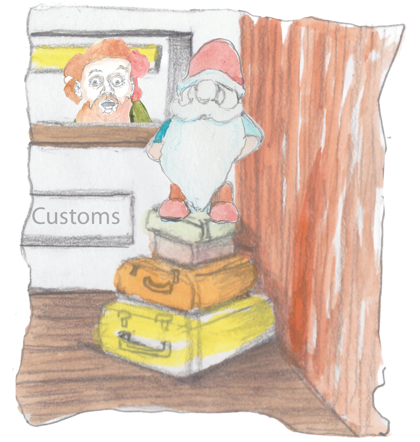 A Nisse standing on a stack of luggage with Customs official ducking and trying to sneak away unnoticed behind the counter.