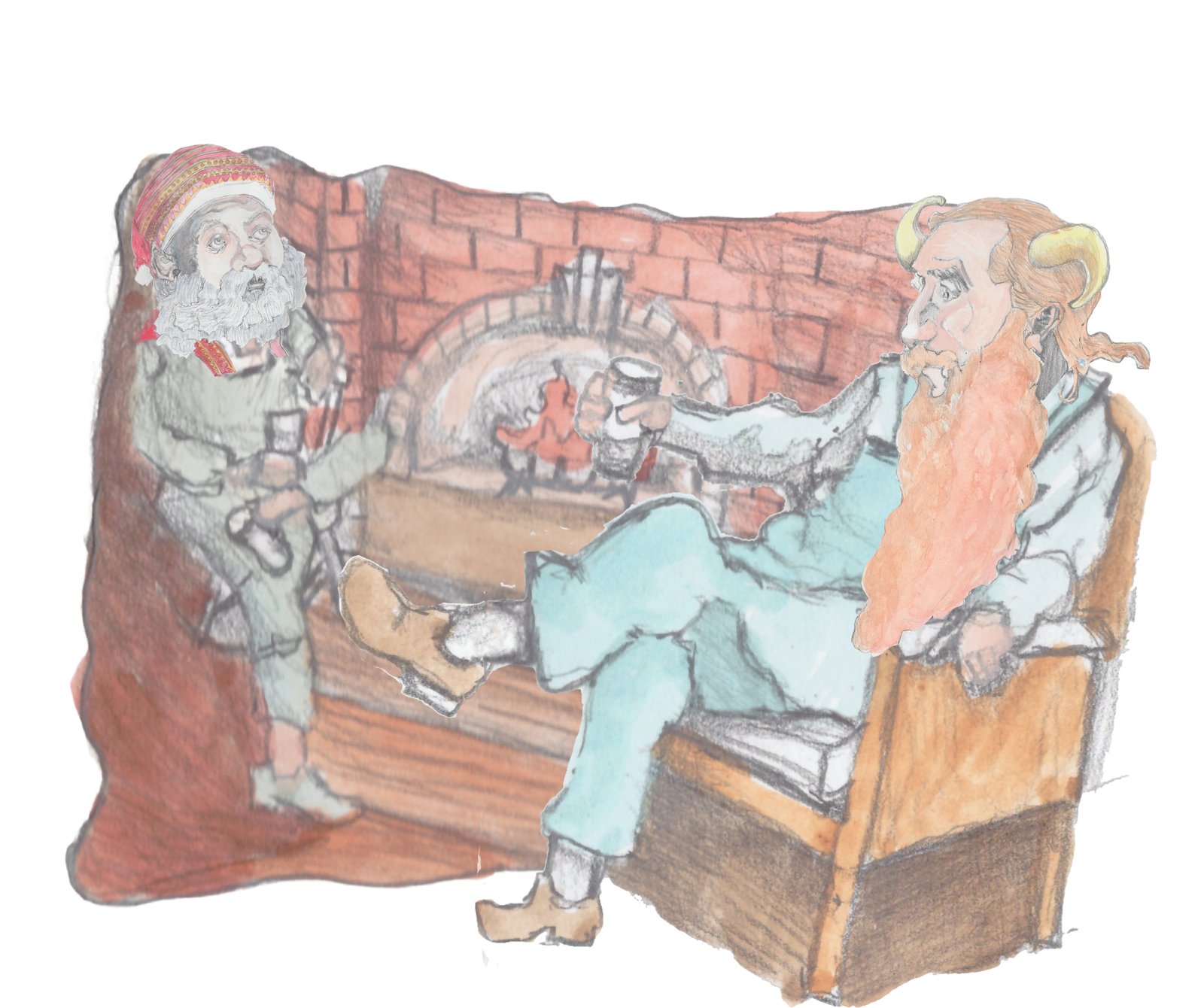 Gramps and his cousin drinking root beer in a tavern by the fire in comfy chairs.