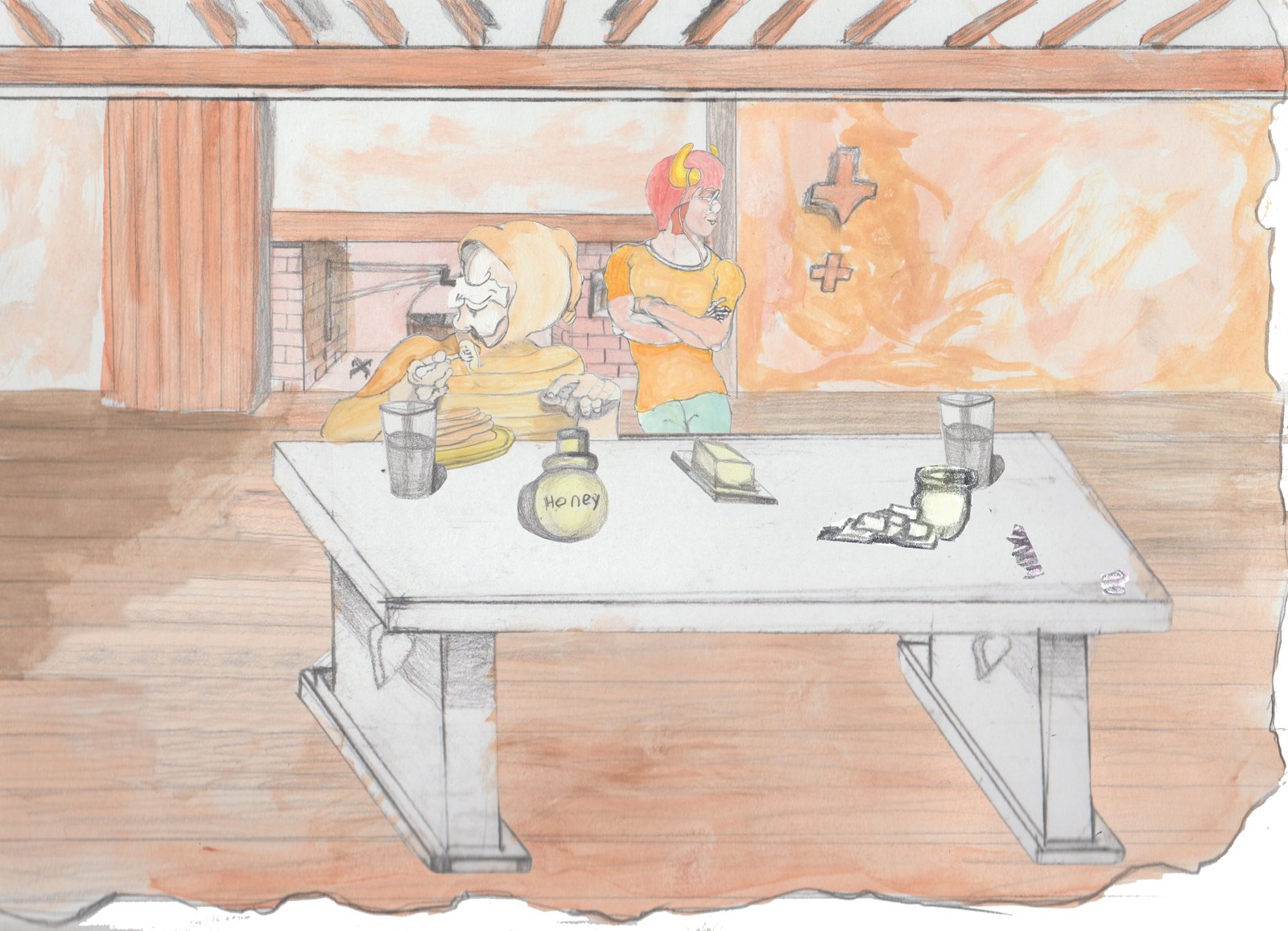 Karl is sitting eating pancakes now while Angroboda has her arms crossed looking away from him behind him on the far side of the table.