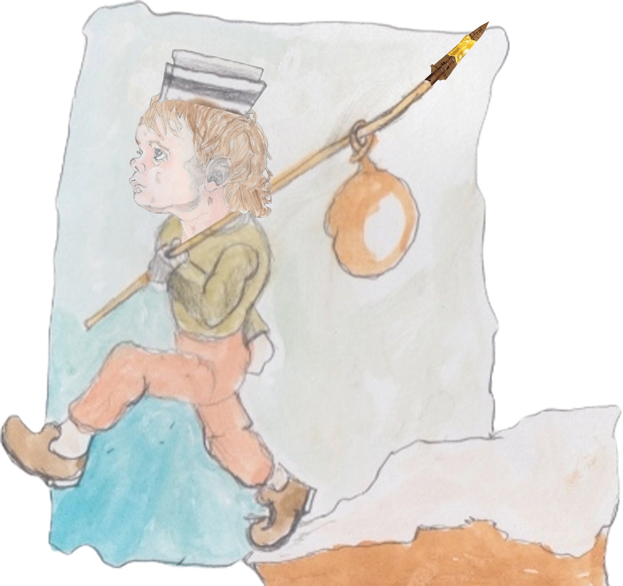 The Fool stepping off a cliff with the Spear of Dstiny with a hobo pack attached to it.