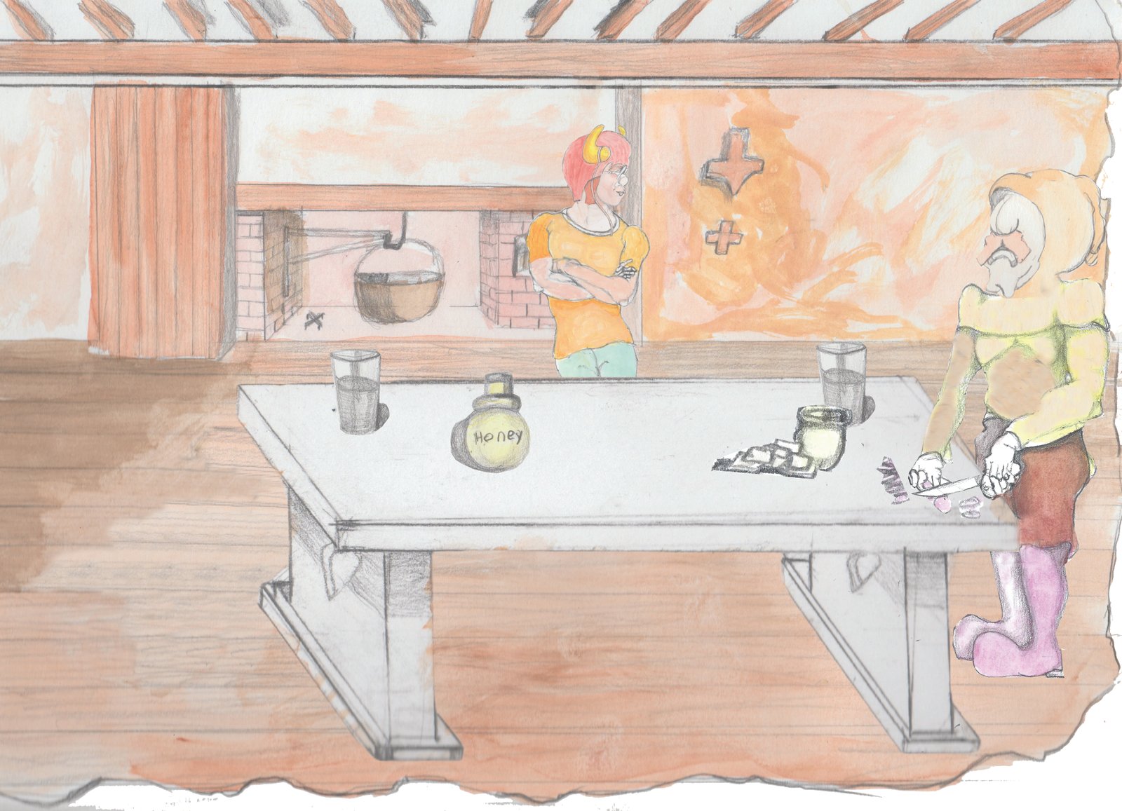 Karl still cutting sausage with Angroboda on the far side of the table again with her arm's crossed looking to her left over him.