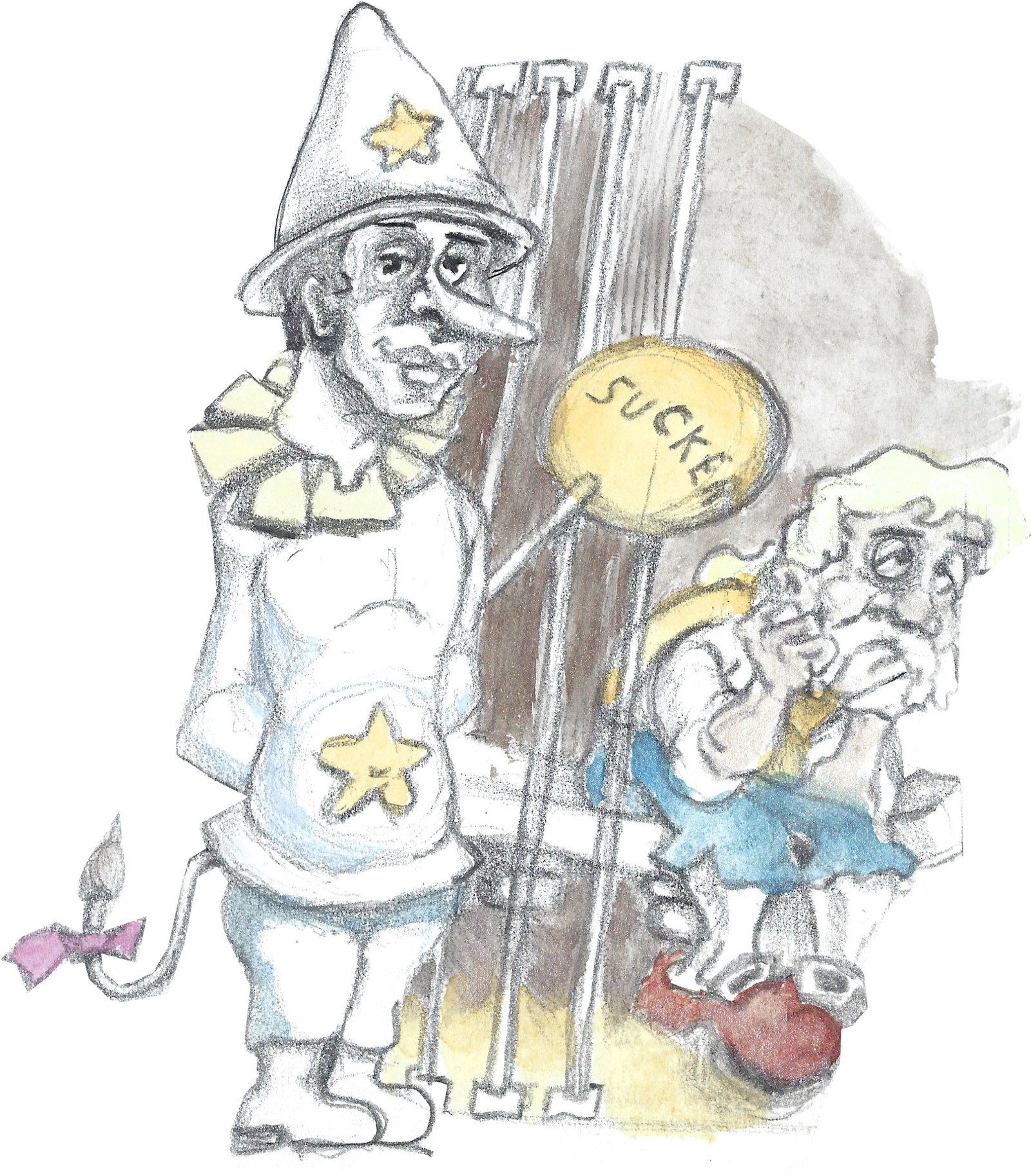 Pinocchio holding a large all day sucker with Gepetto in jail behind him looking depressed..