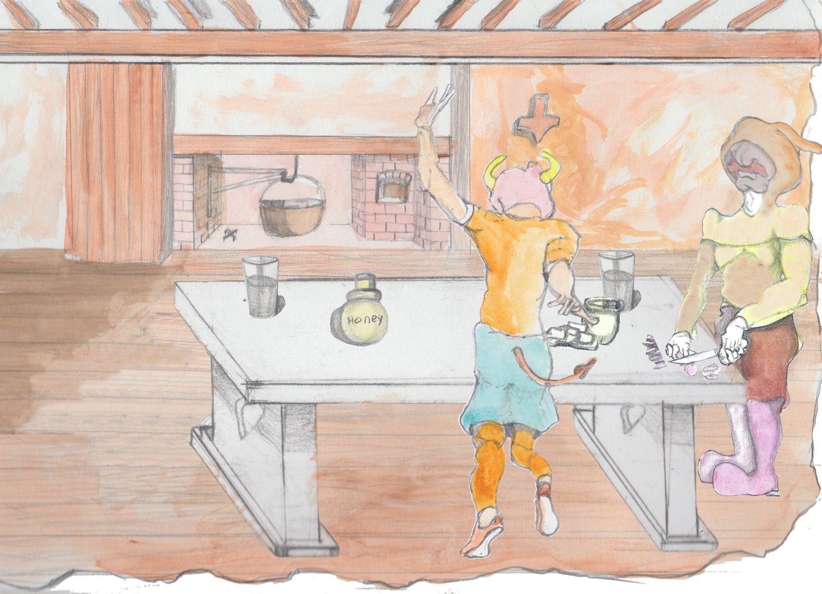 Angroboda yelling with arm in the air seen by the back and Karl is still slicing sausage.