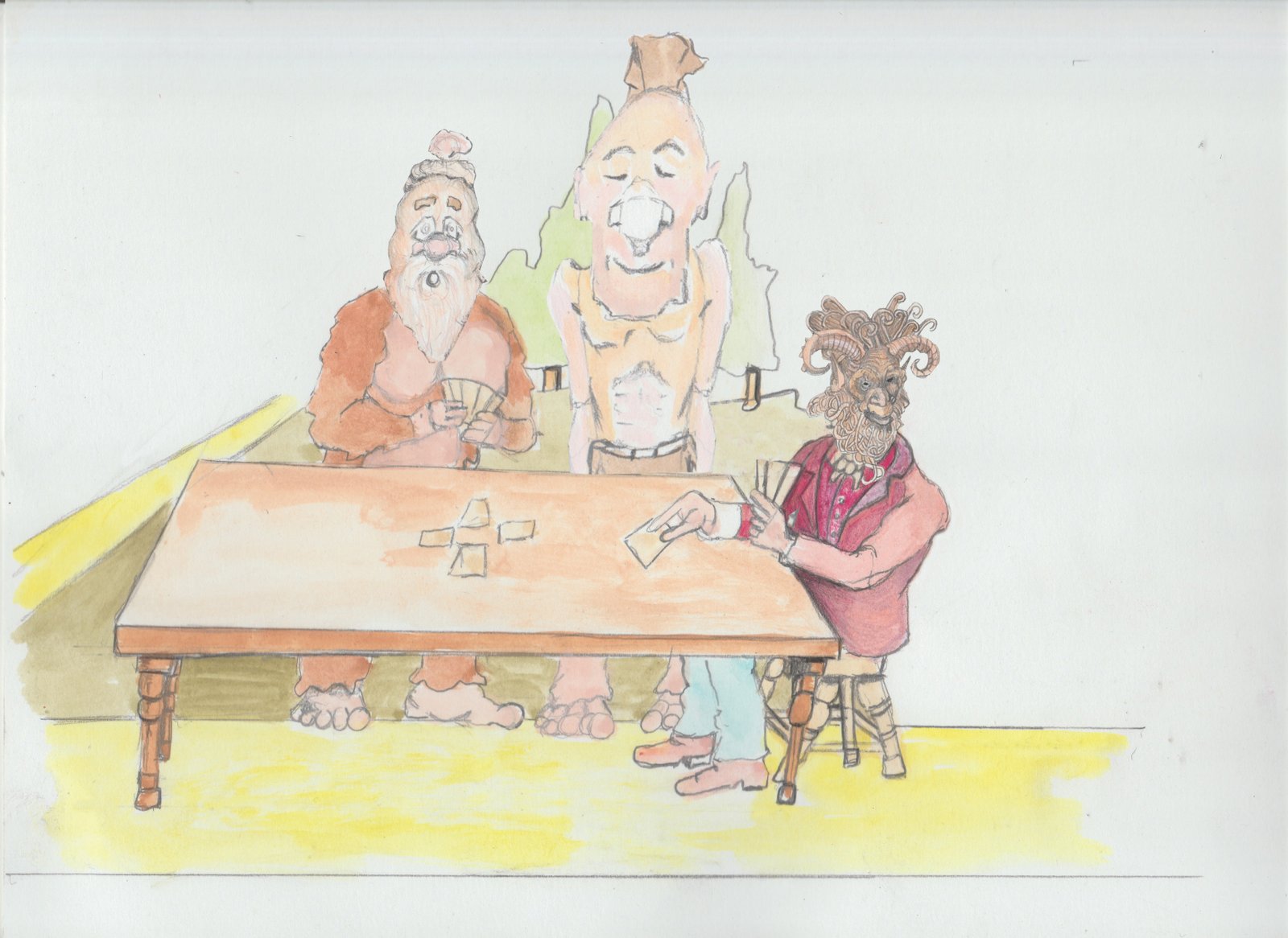 Bjorn, Pops, and Hulton in clearing in the woods with a campfire.