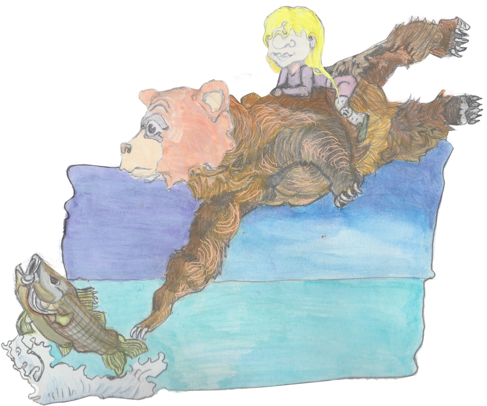 Bosco flying low to catch a fish with Helgi on his back.