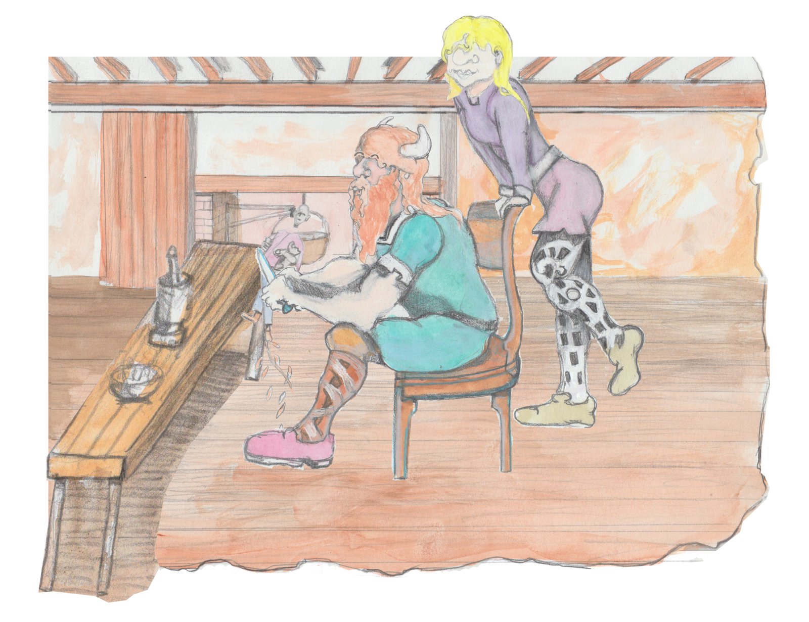 Bjorn whittling with Helgi leaning in on his chair behind him as they are in their living room with fireplace behind them.