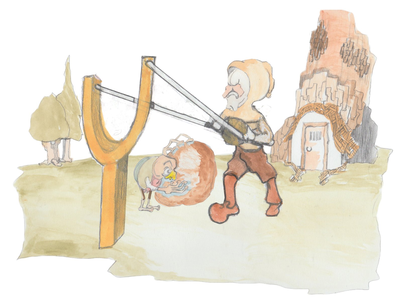 Karl shooting dung at the Helgi and Bosco in a giant slingshot loade by a dung beetle.