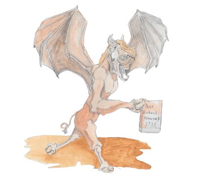 The Jersey Devil laughing holding a copy of Poor Richard's Almanac