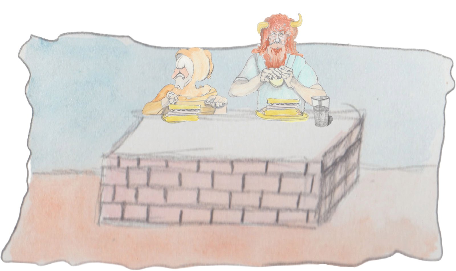 Karl and Gramps eating at a table made out of piled bricks.