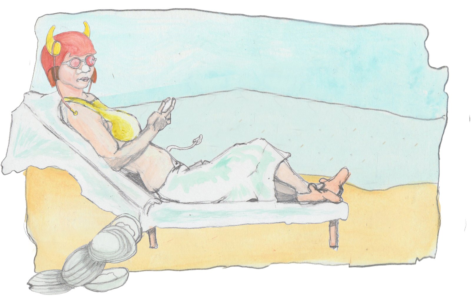 Angroboad sunbathing and eating clams on a chaise lounge on the beach.