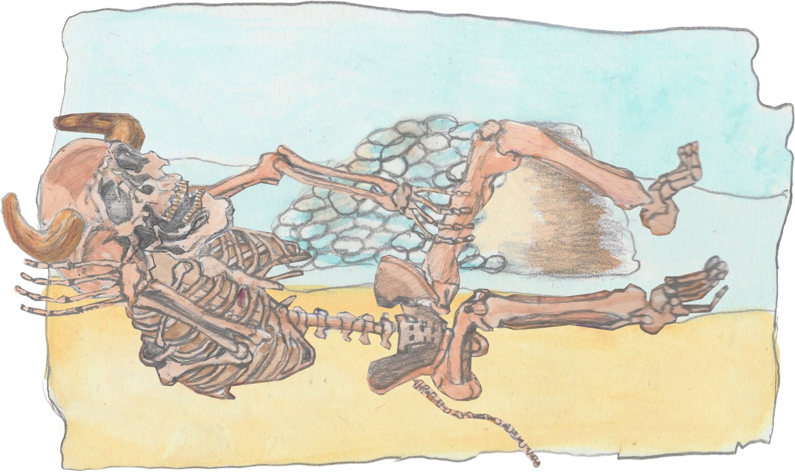Skeleton of giant Troll laying on the beach in front of giant calm midden in the bay.