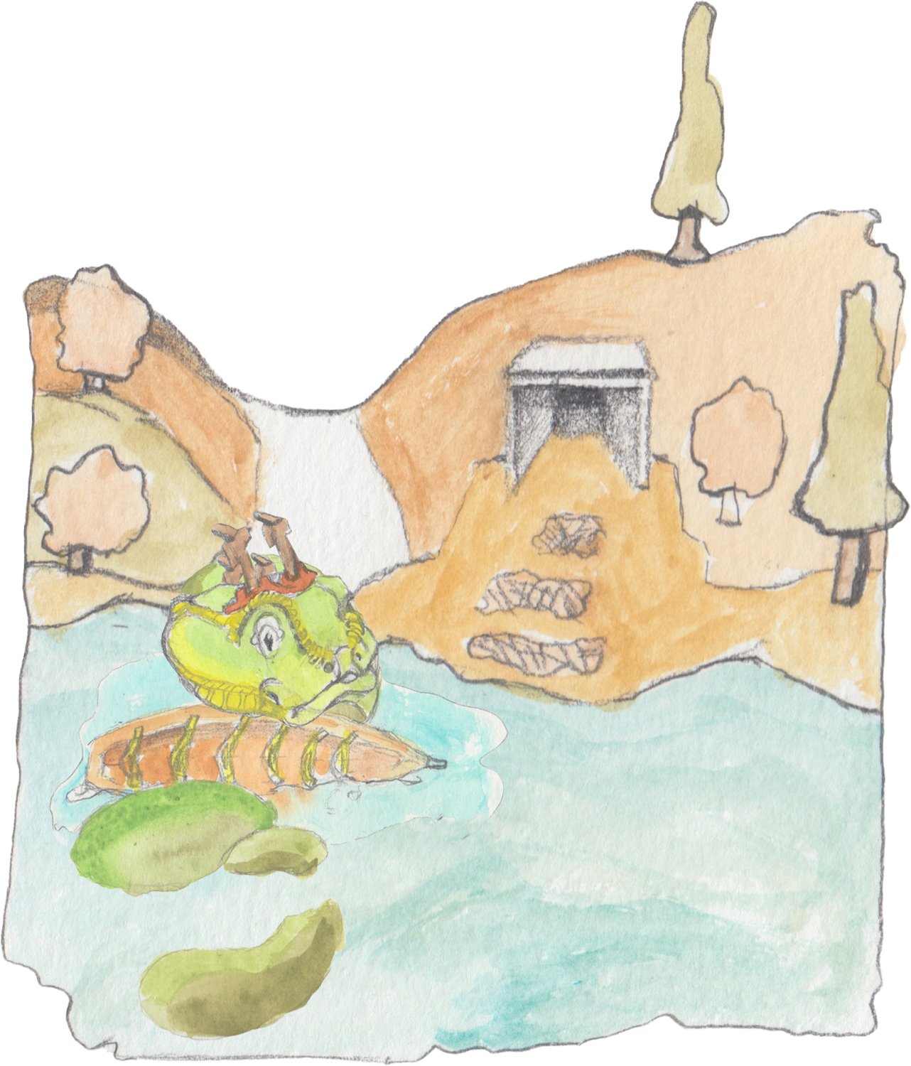 Old Halfway pond with three trap leading to mine. The serpent i neaking through the water.