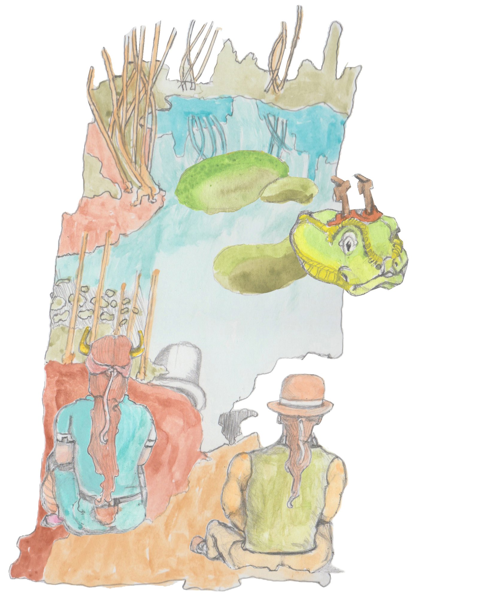 Bjorn and Hulton watching the Great Hornd erpent neak up on Karl in the water.