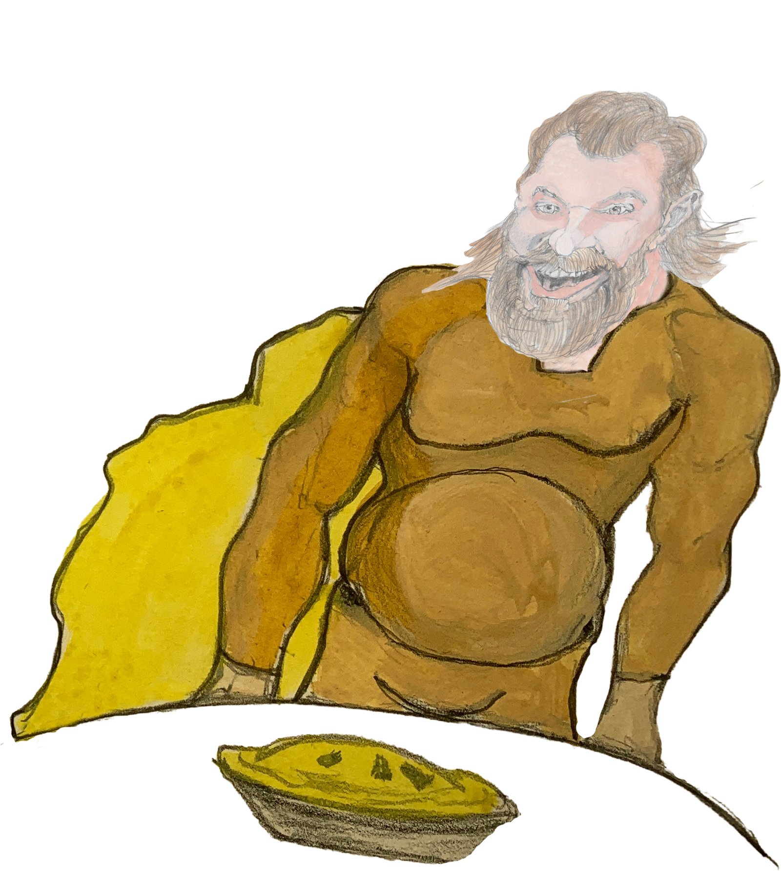 Gusir standing looking down at the pie on the table.