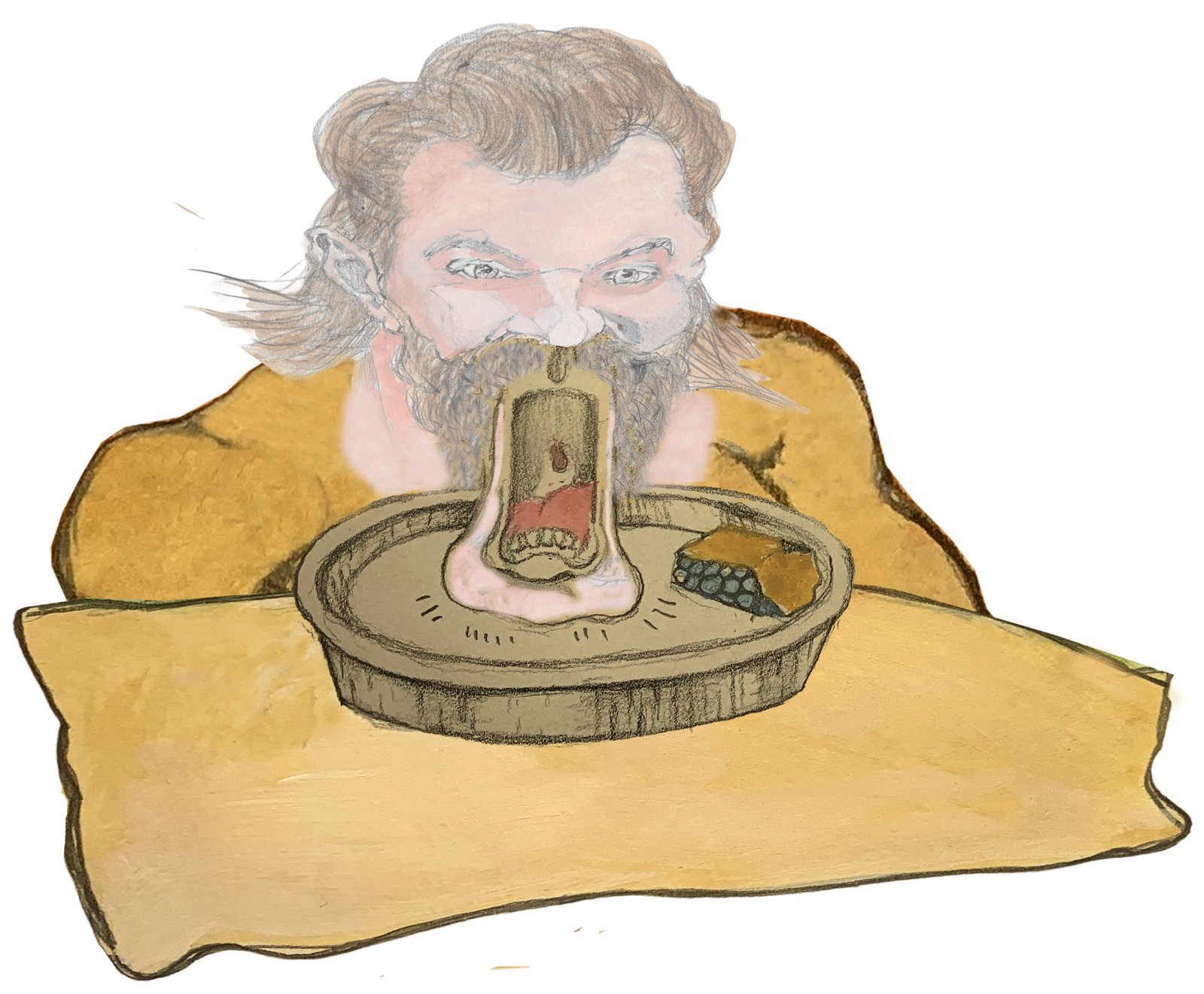 Gusir dropping hi sjaw into his pie plate.