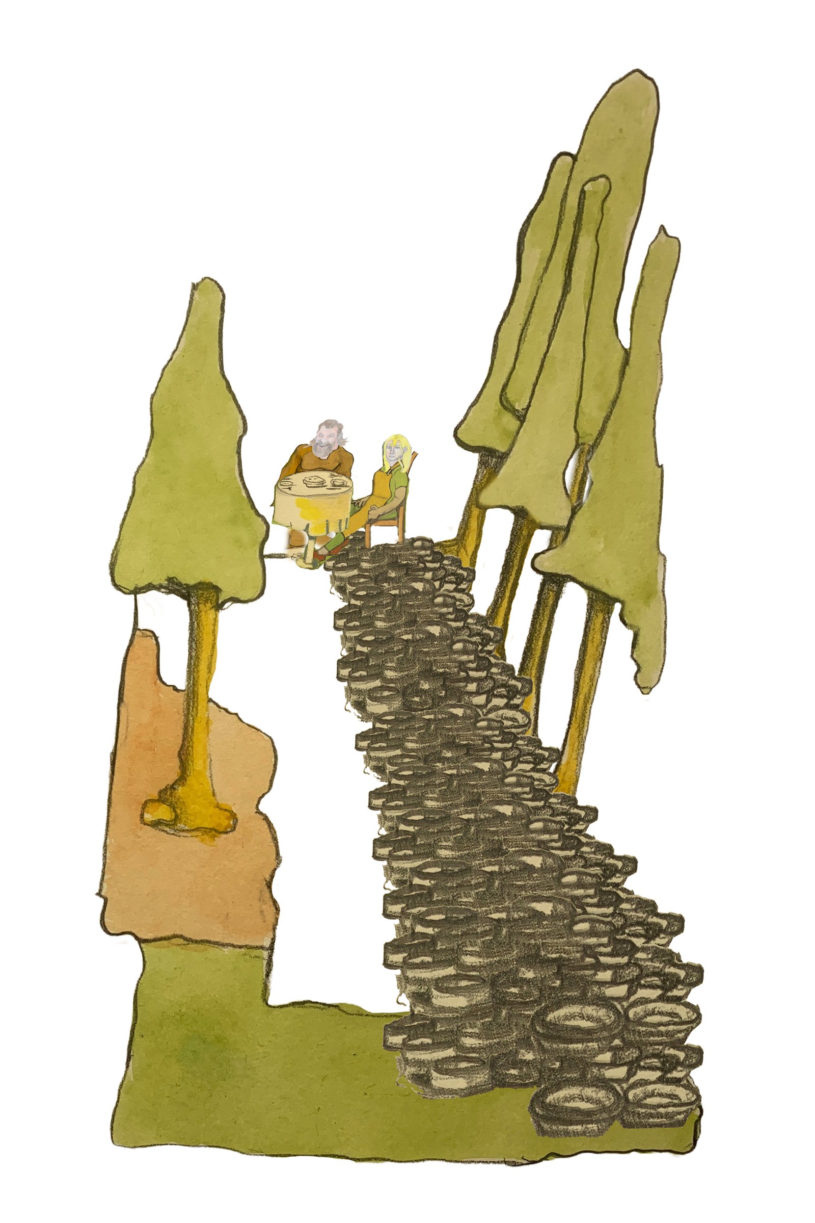 A pile of pies running down the mountain.