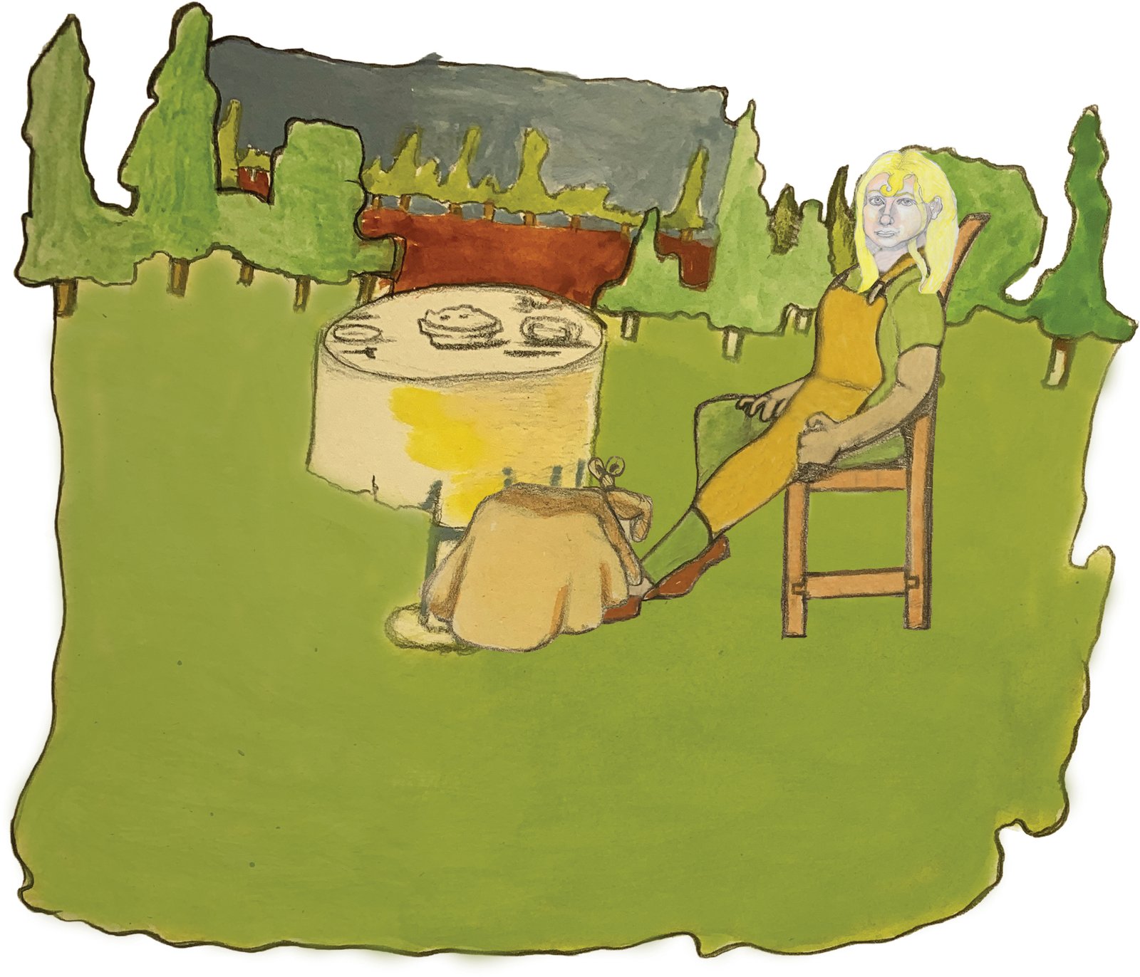 Helgi leaning back from table with pie on it on top of the Forked River Mountain with a bag in front of her.
