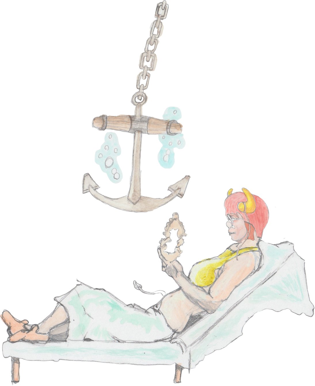 Anchor dropping from ship above while Angrboda is sunbathing in chaise lounge.