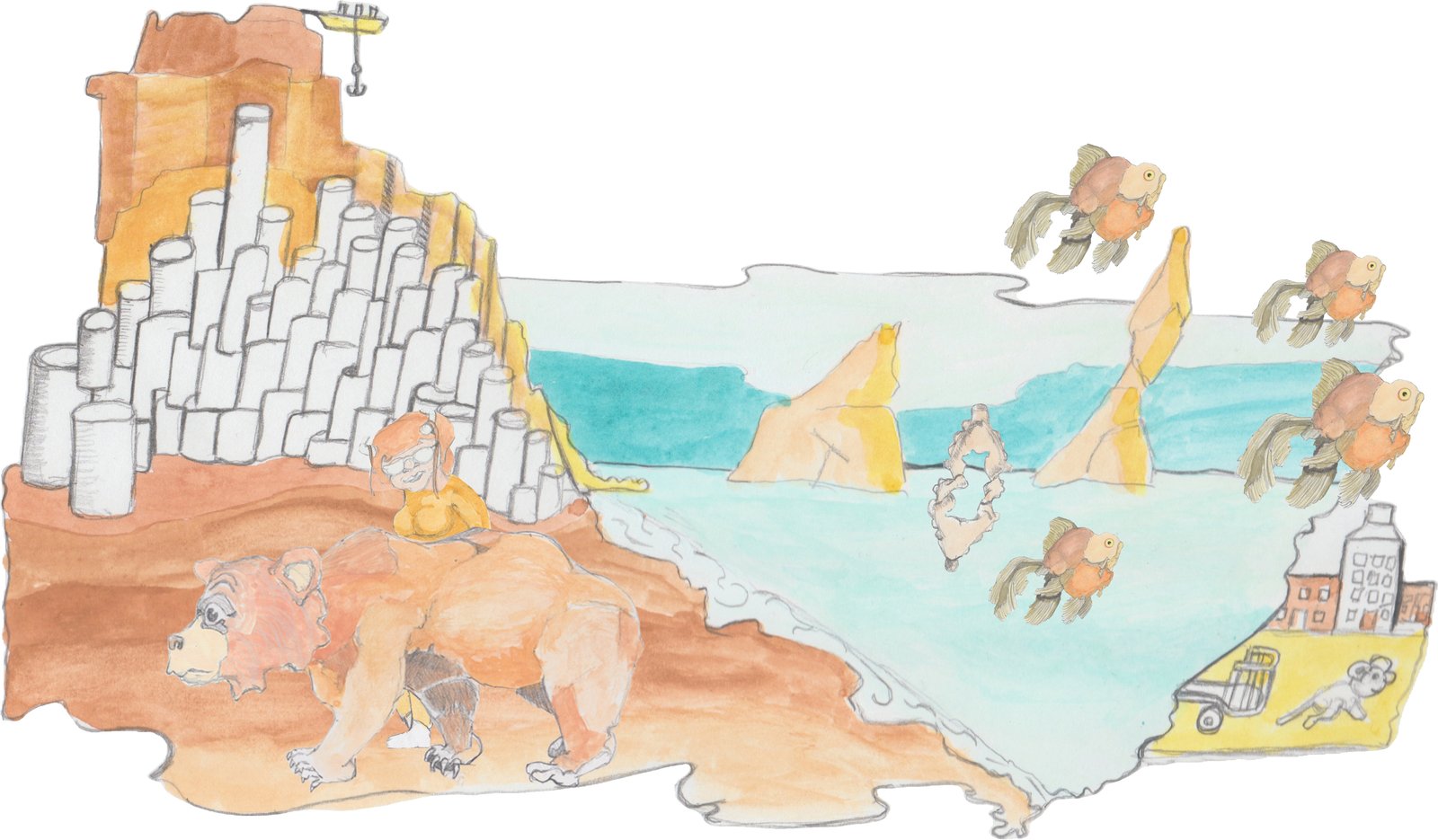 Angrboda and Bosco walking on a beach with basalt rocks with a tall ship on top of the cliff and flying fish and fatimgn cookies. Also a world under the lake is revealed with a skycraper.