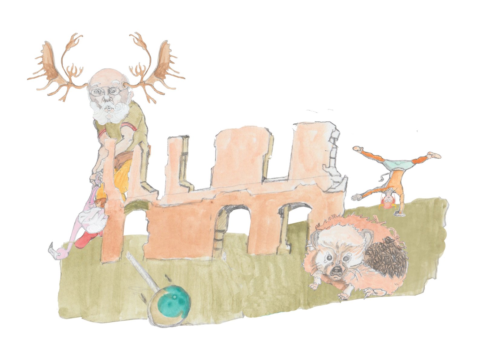 Troll with antlers playing crochet through a ruin and Angrboda doing cart wheels as a hedgehog almot gets hit by the ball.