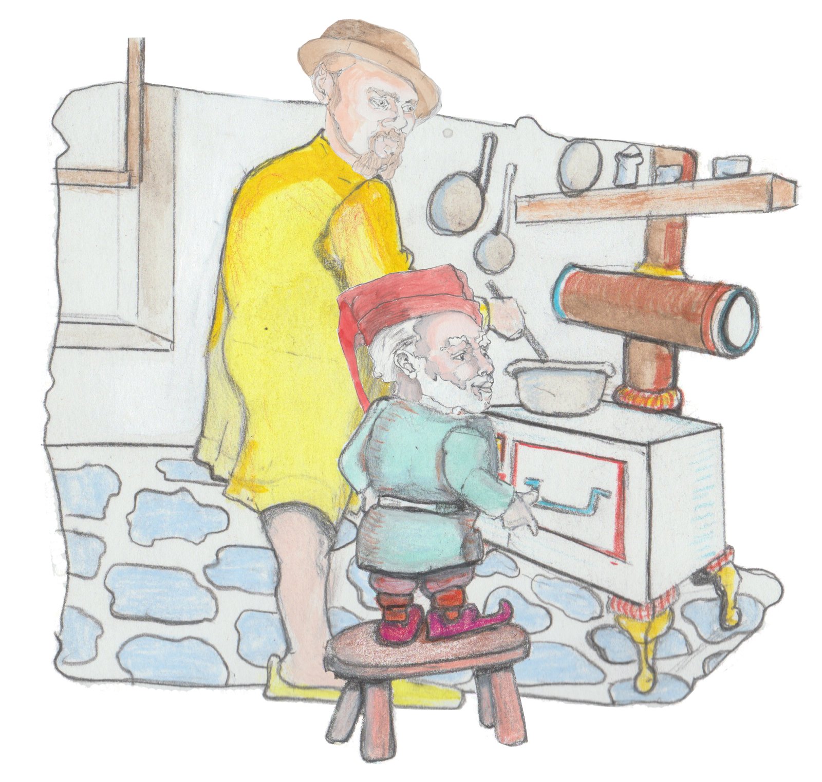 Hulton stirring pot on an old Victorian cast iron stove with the Nisse on a stoll watching.