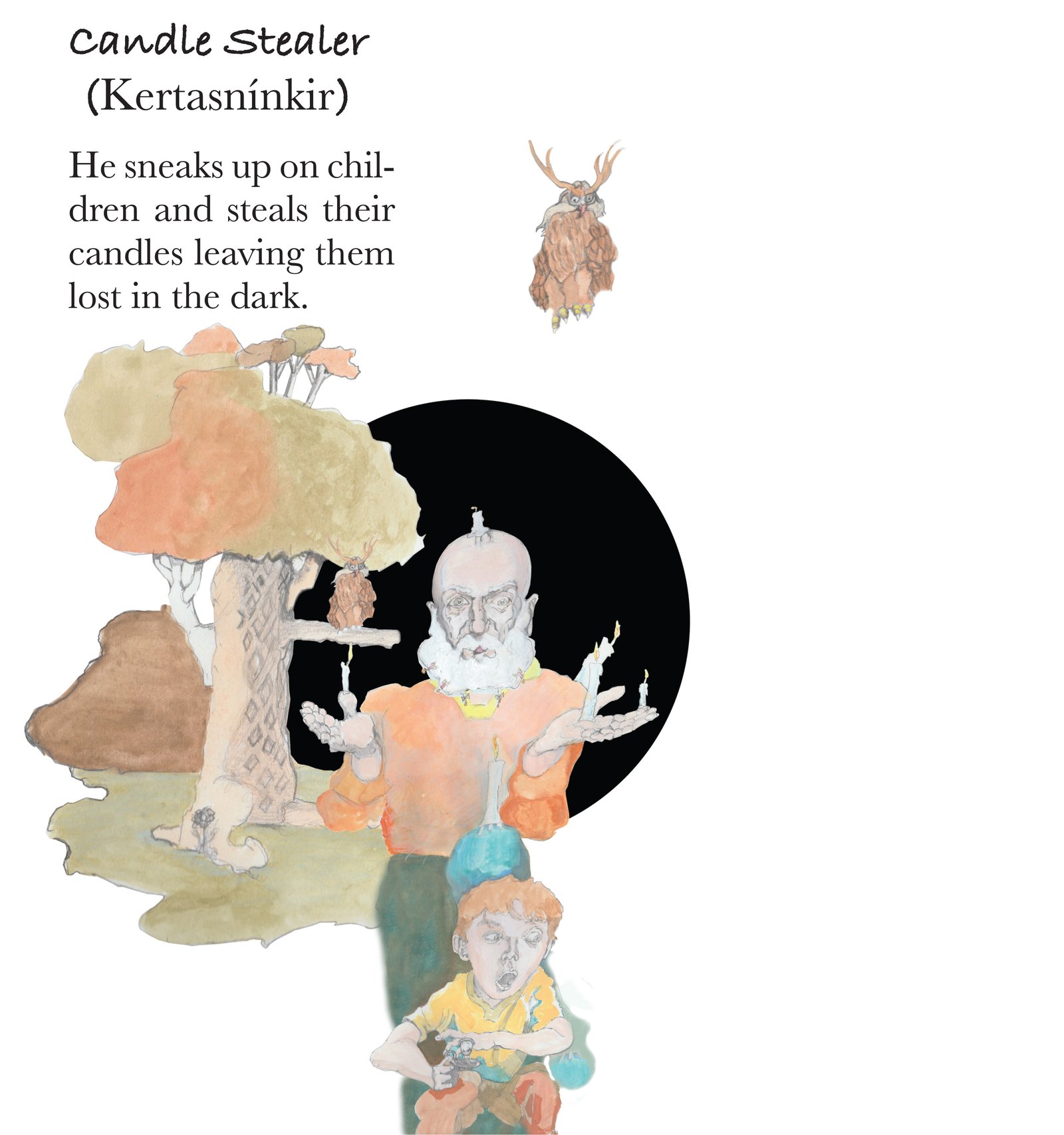 Candle Stealer holding candles with a scared boy in front of him and an owl behind him.