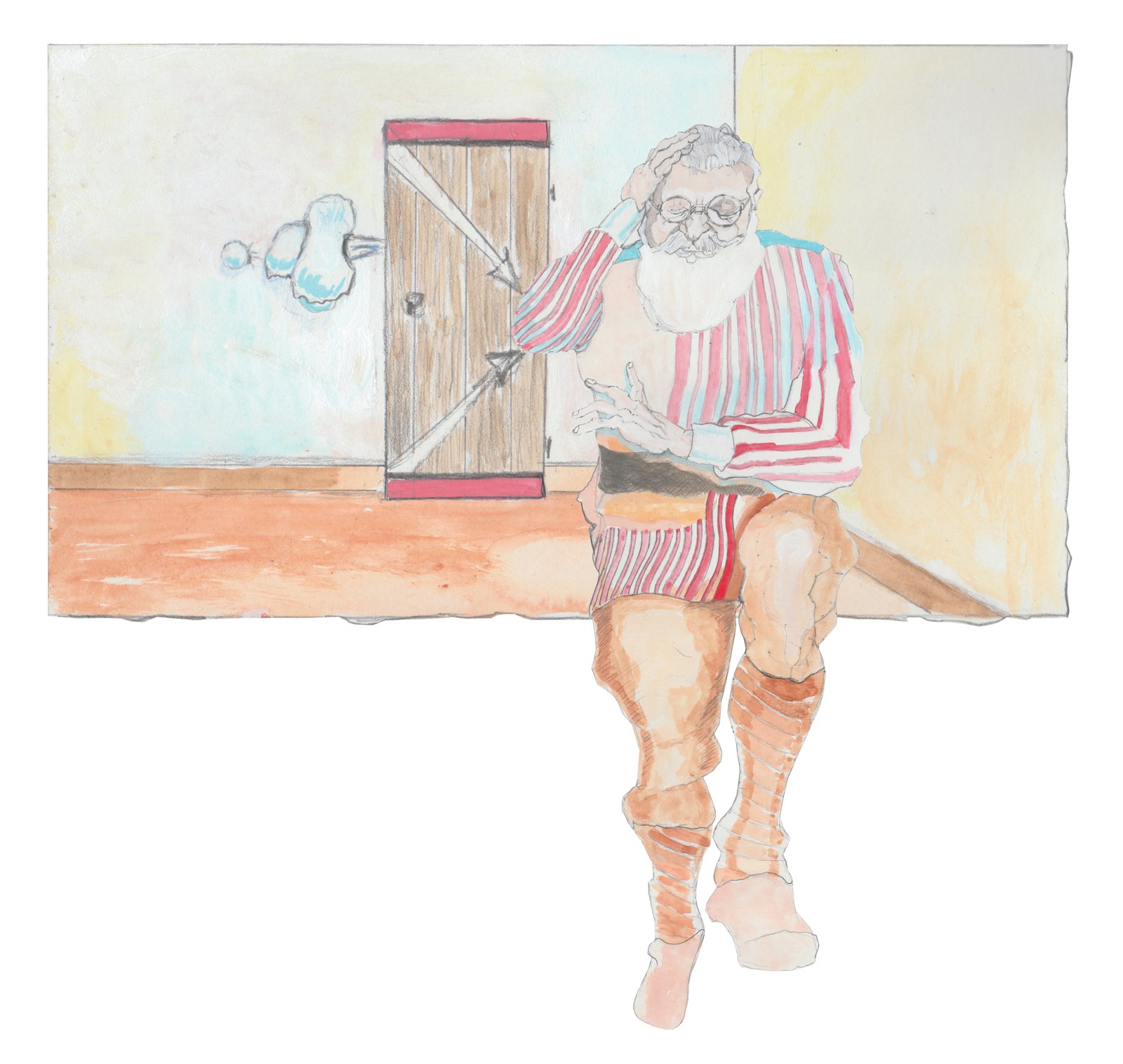 Door Slammer Yule Lad holding his head after he slammed another door..