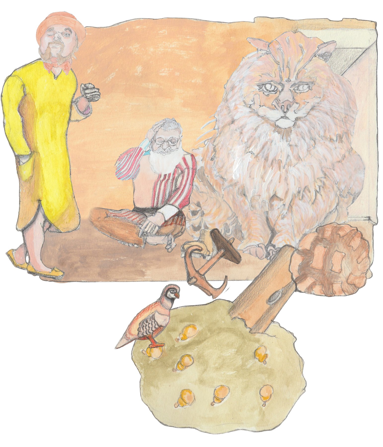 Hulton following Helgi who is carrying picnic baskets.