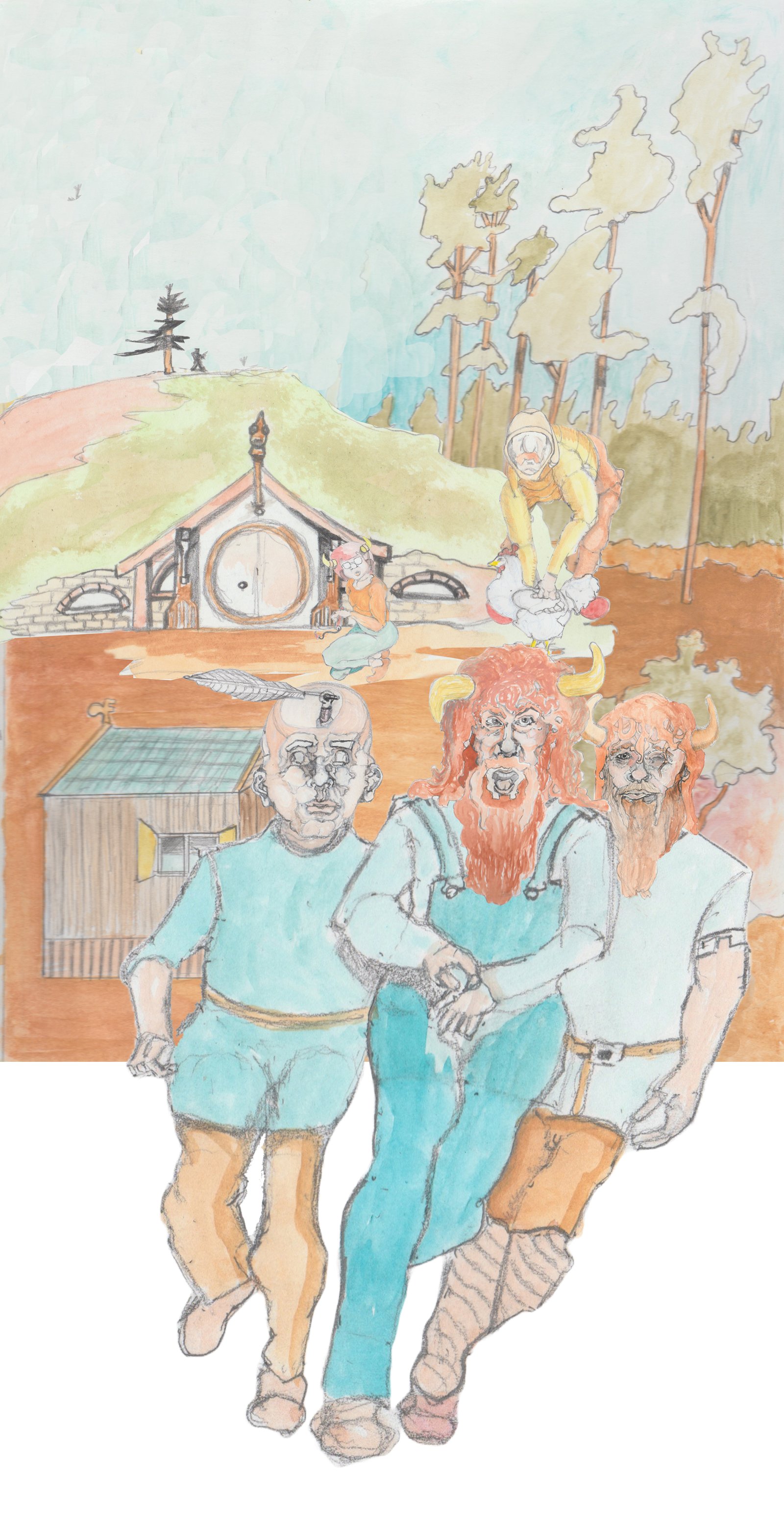 Gramps, Bjorn, and Pop-Pos leaving to hunt the Jule Cat while Karl sneaks off stealing a chicken while Angrboda watches in fron of their house.