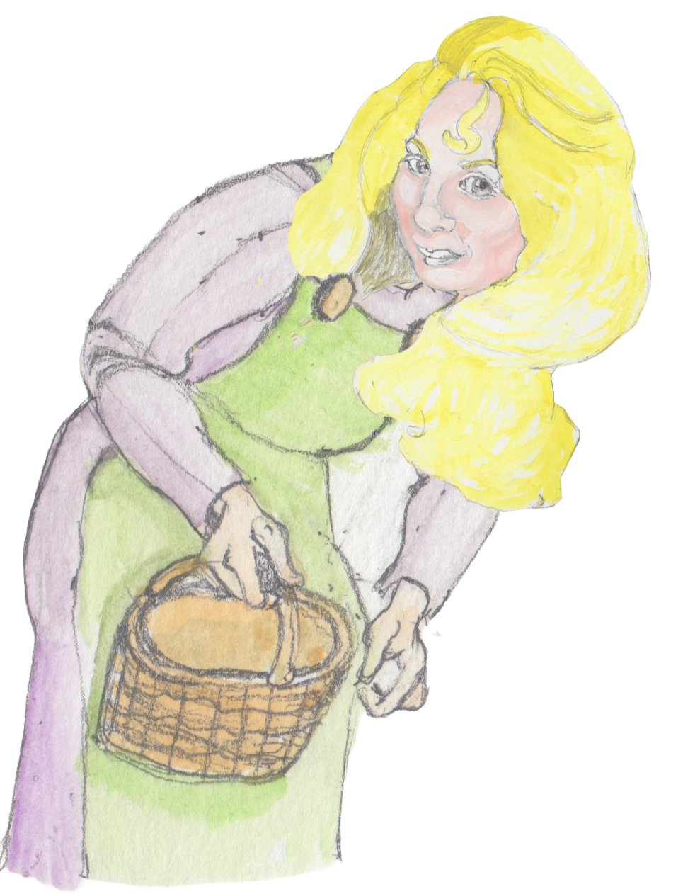 Helgi i holding her basket of herb bent over looking back.