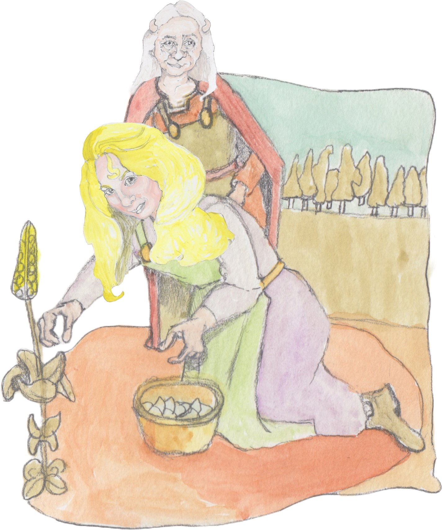 Grams standing behind Helgi, who is on her knees picking herbs.