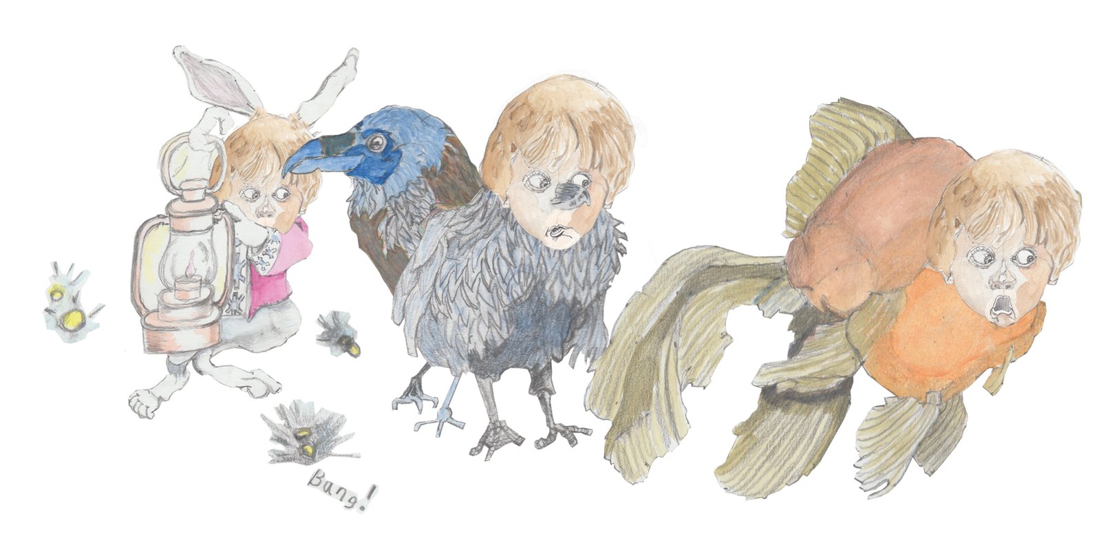 Boy tranforming into a rabbit, a raven, and a fish with hi human face alway remaining.