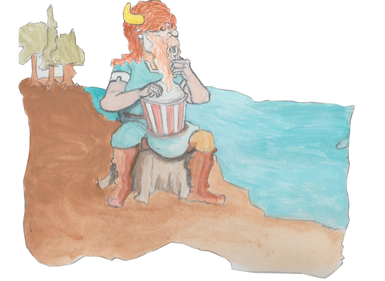 Bjo0rn sitting on a stump eating popcorn.