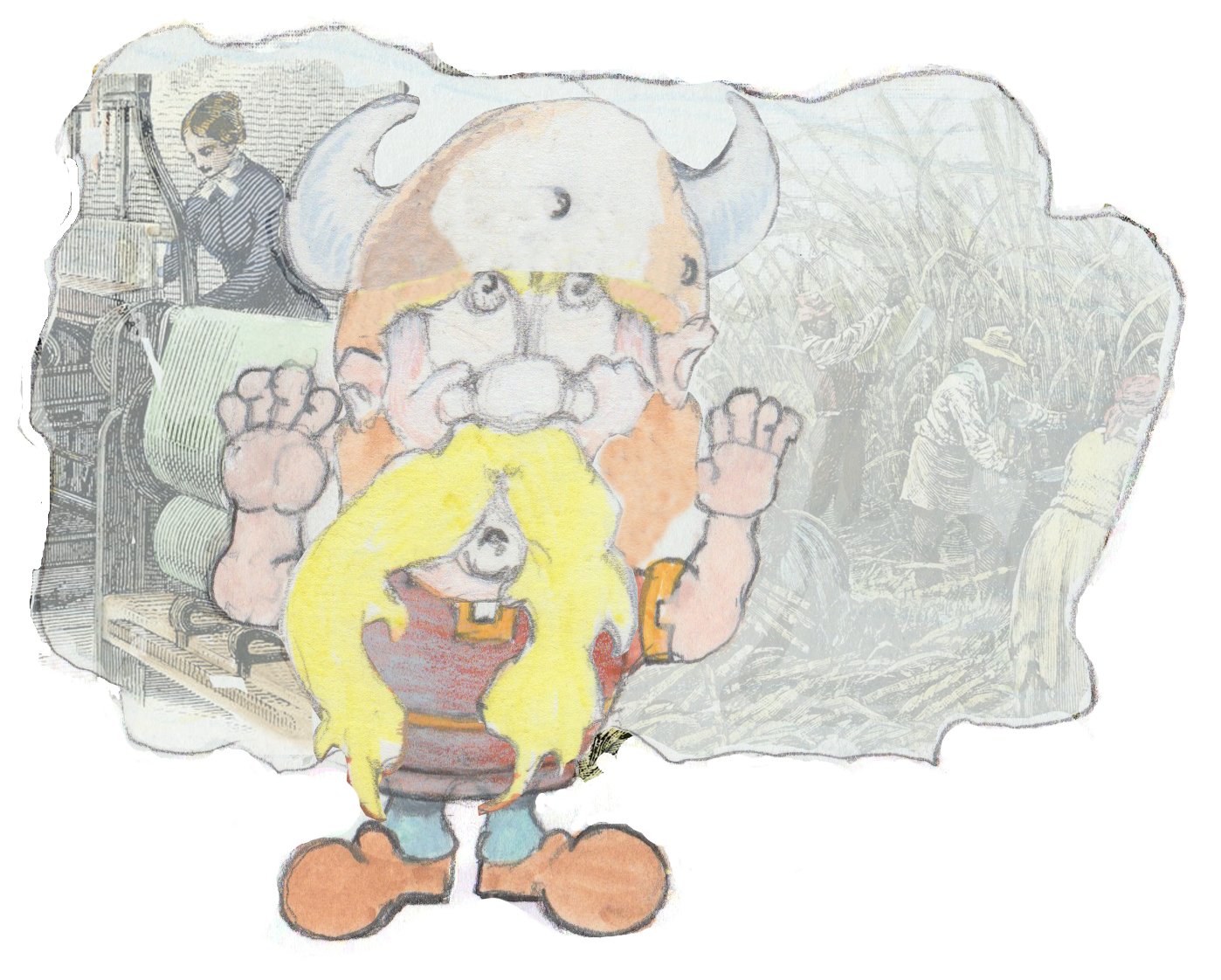 Sven with a cloud bubble behind him with slaves on the right and female textile slaves in the north.