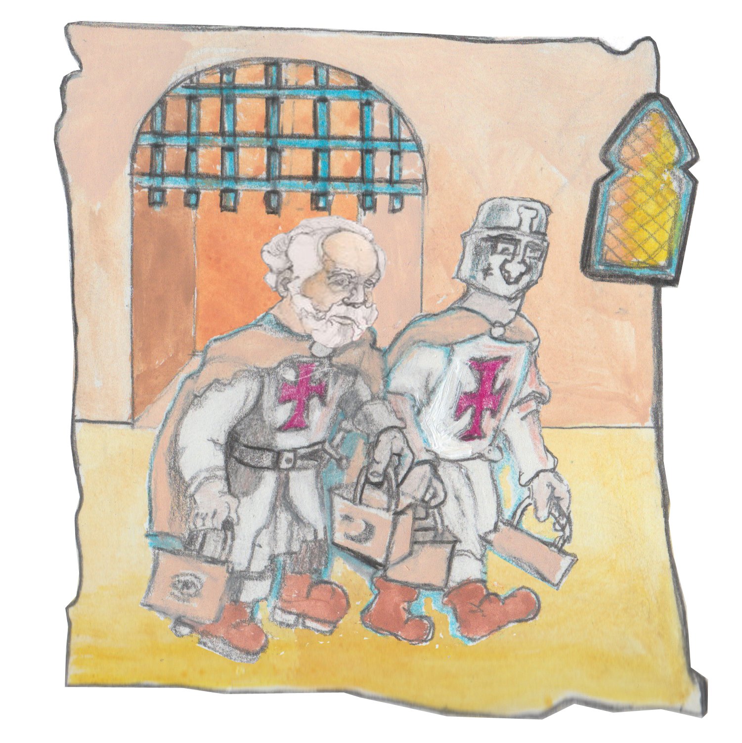 Frankish knights leaving citadel with trinkets in bags.