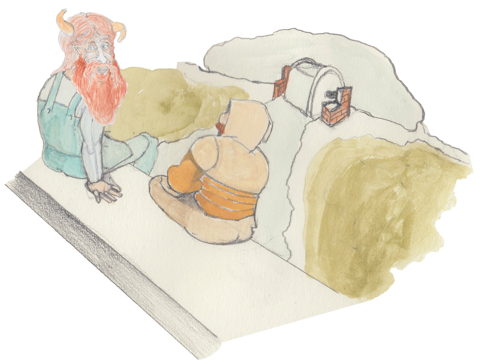 Gramps looking at Karl talking as they sit on the bridge with the water wheel in sight.