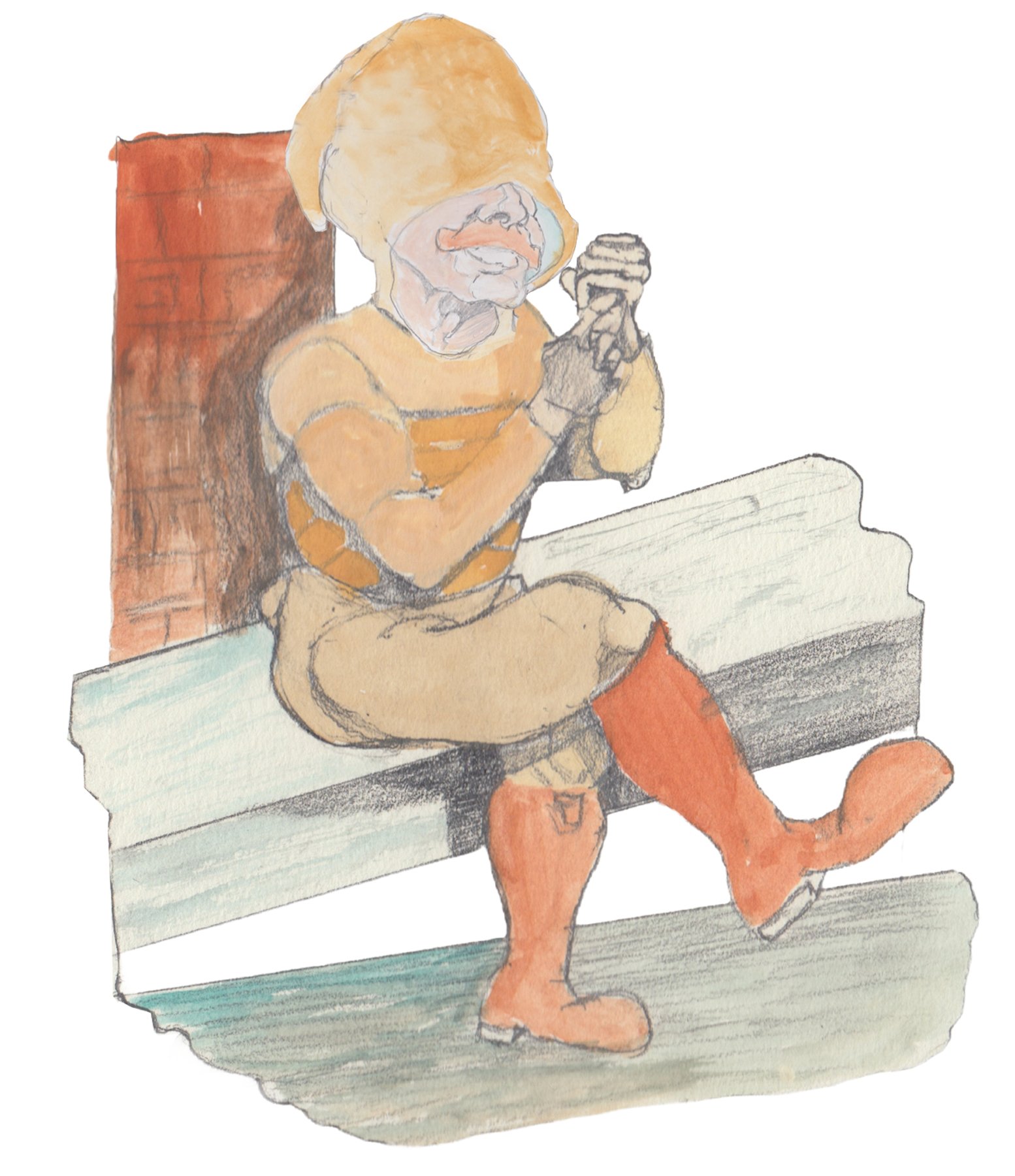 Karl sitting on a bridge at Duck' s Pond sticking his finger into the fist of his other hand, mirking, with legs crosed.