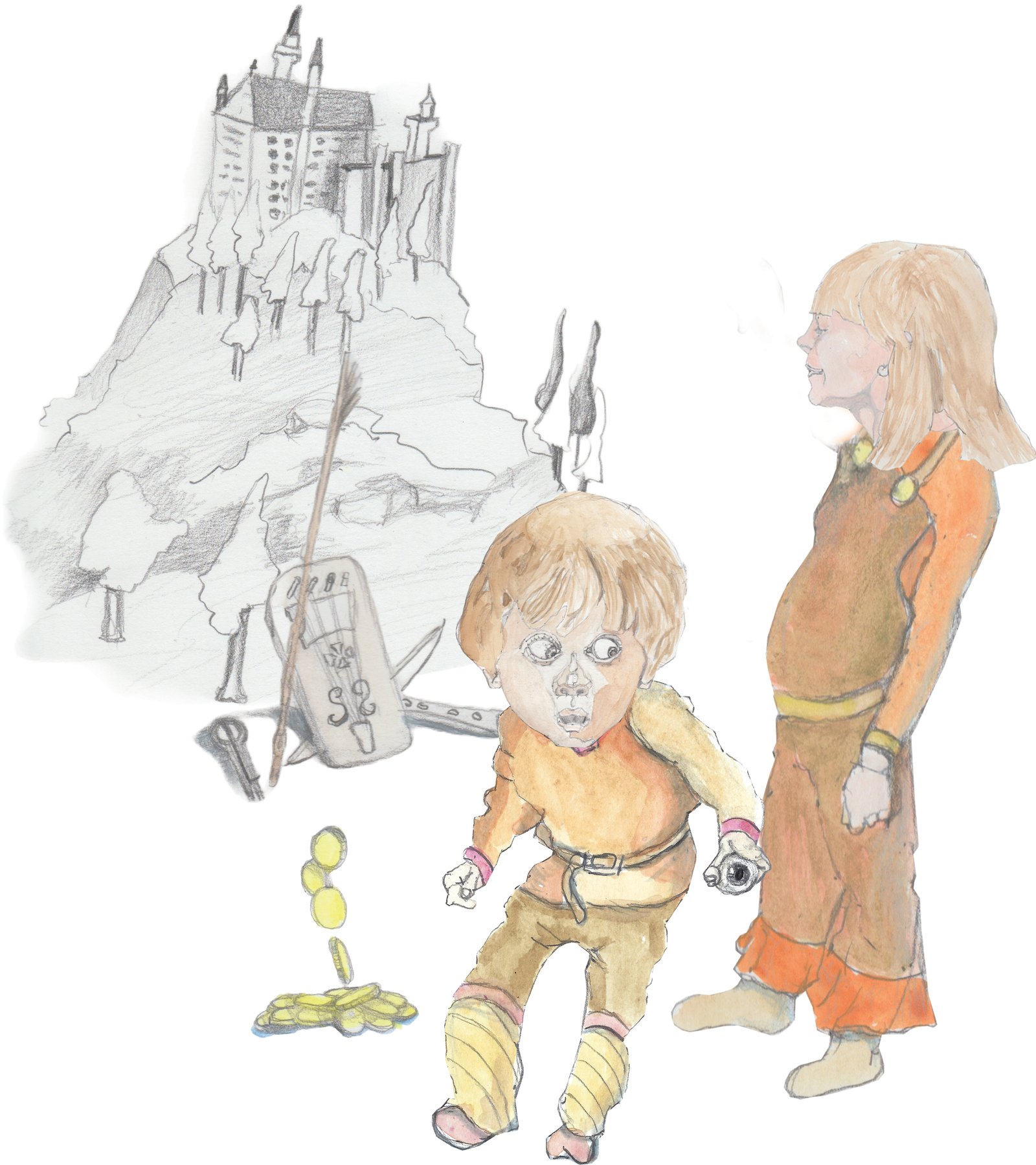 Ashlad and Cinderella with castle, gold coins, and other rewards.