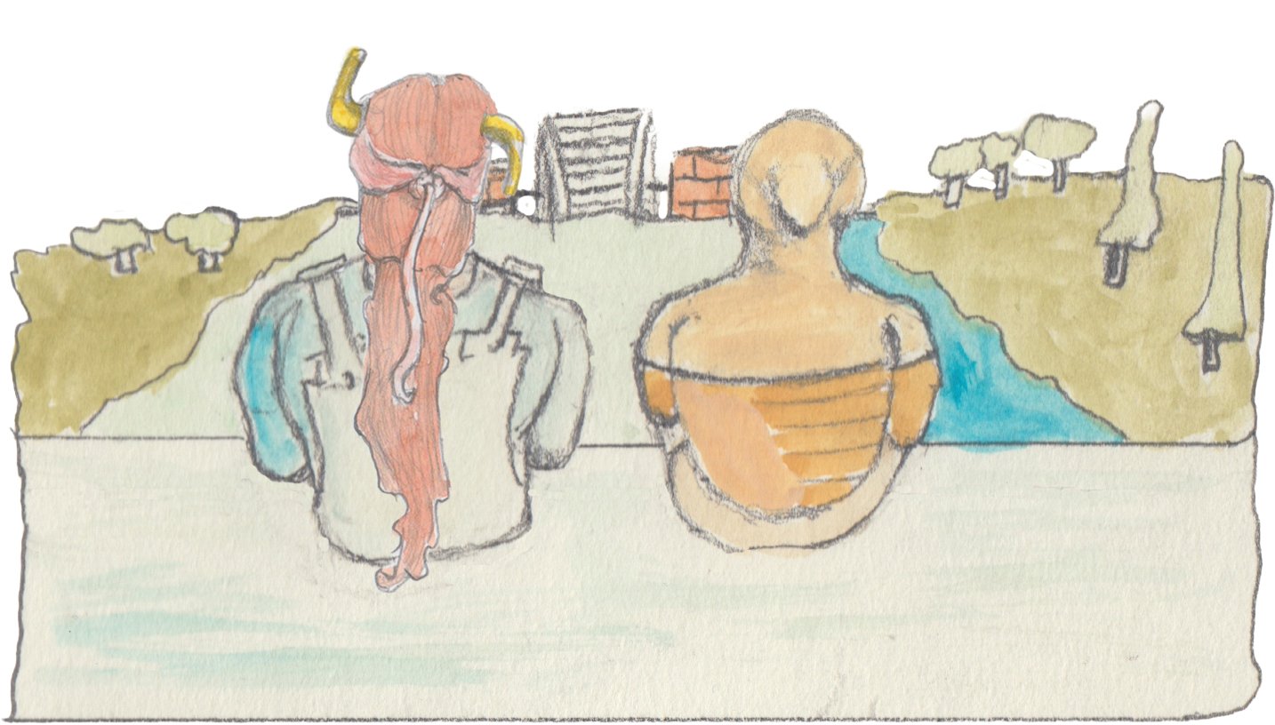 Bosco the bear and Angroboda walking through WWII France after a helling inspired by Snoopy and the Red Barron.