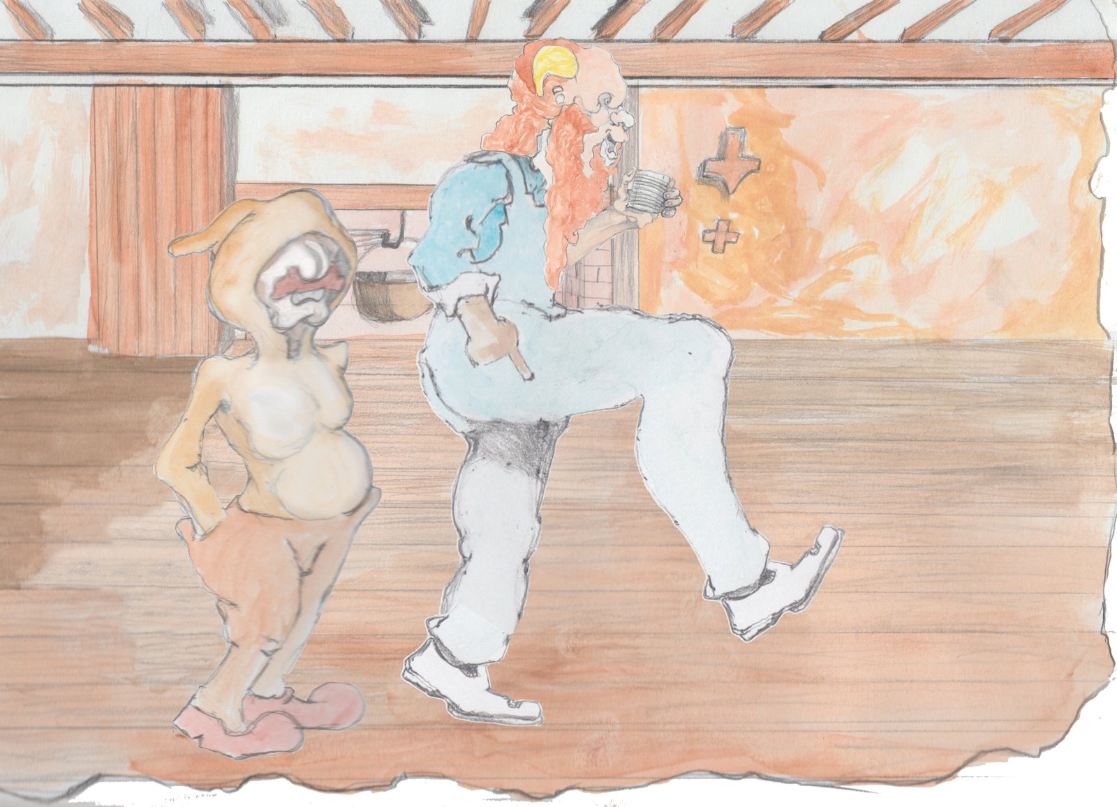 Gramps lifting his leg extending a finger, while holding a can of beans, while Karl is contemplating pulling his finger in room with expossed beams, hardwood floor, and fireplace.