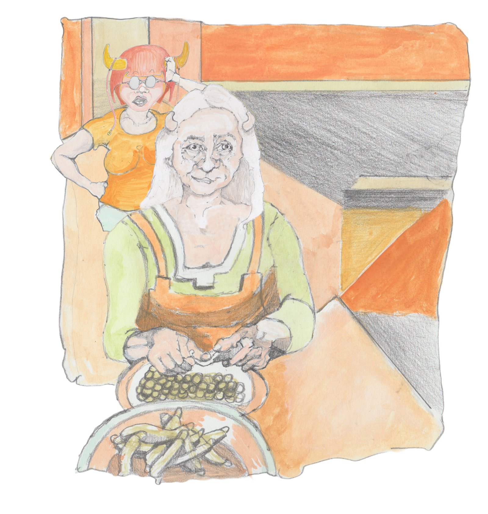 Angrboda confronting Grams from behind while Grams is shelling beans in the kitchen.