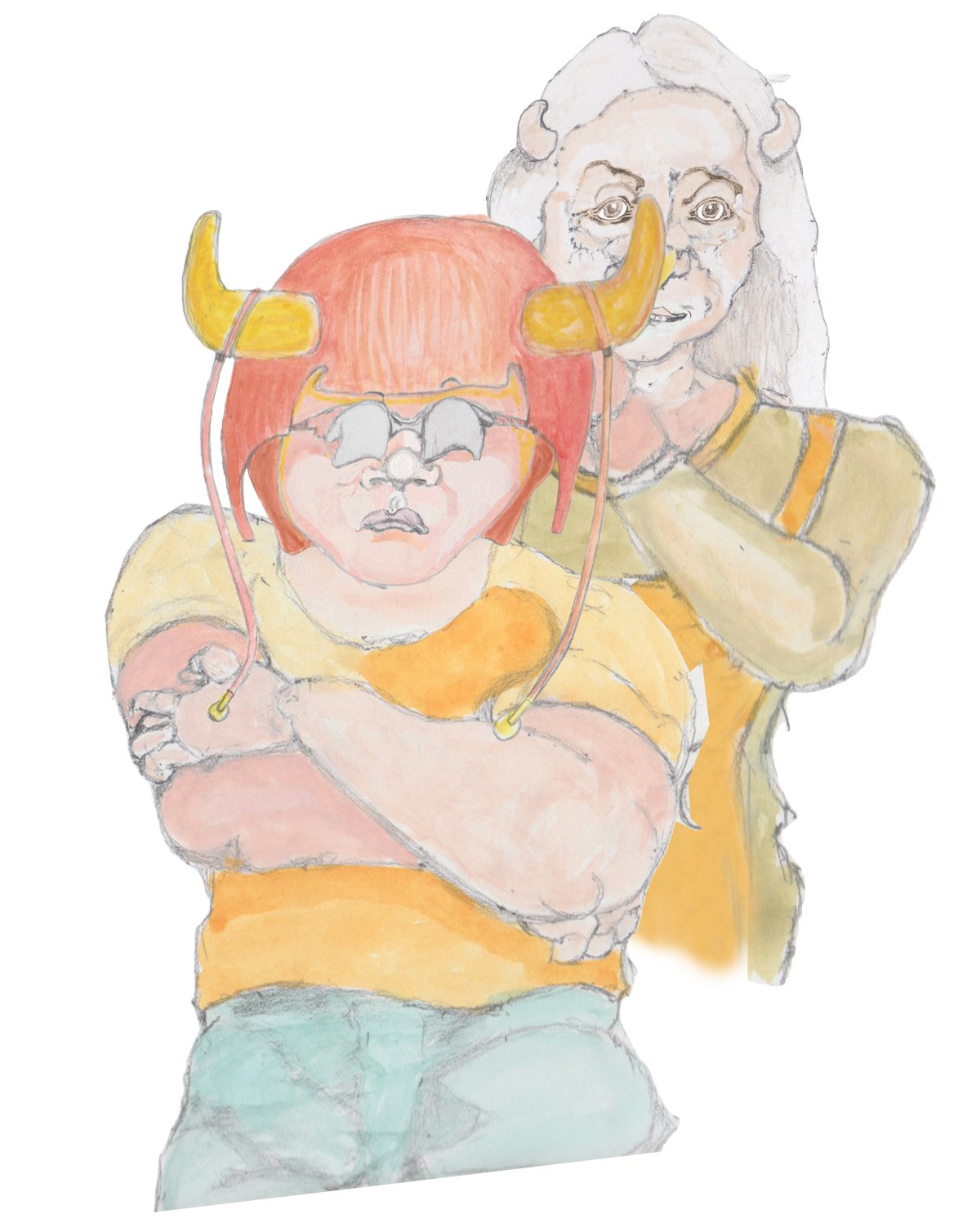 Grams holding an upset Angrboda's head from behind.