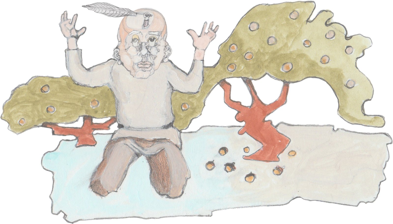 Pops Pop on his knees frustrated in front of his bear oak shrubs with some loose accorns about.